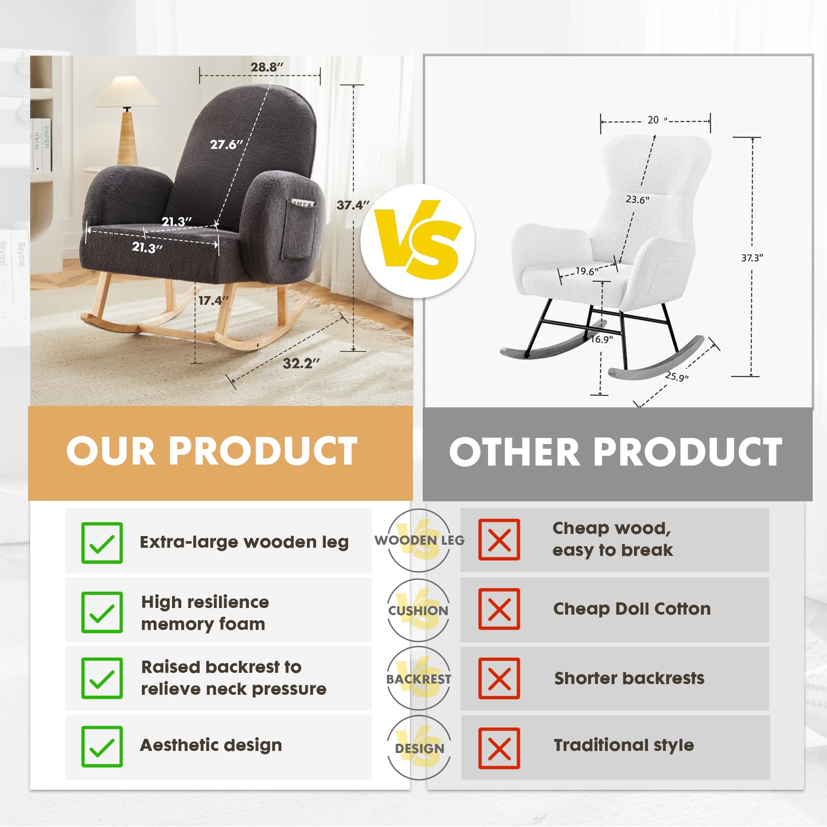 Comfortable Upholstered Rocking Chair with Side Pocket - Rubber Wood Legs Glider Accent Chair for Nursery, Living Room & Bedroom | Perfect for Nursing, Relaxing & Reading