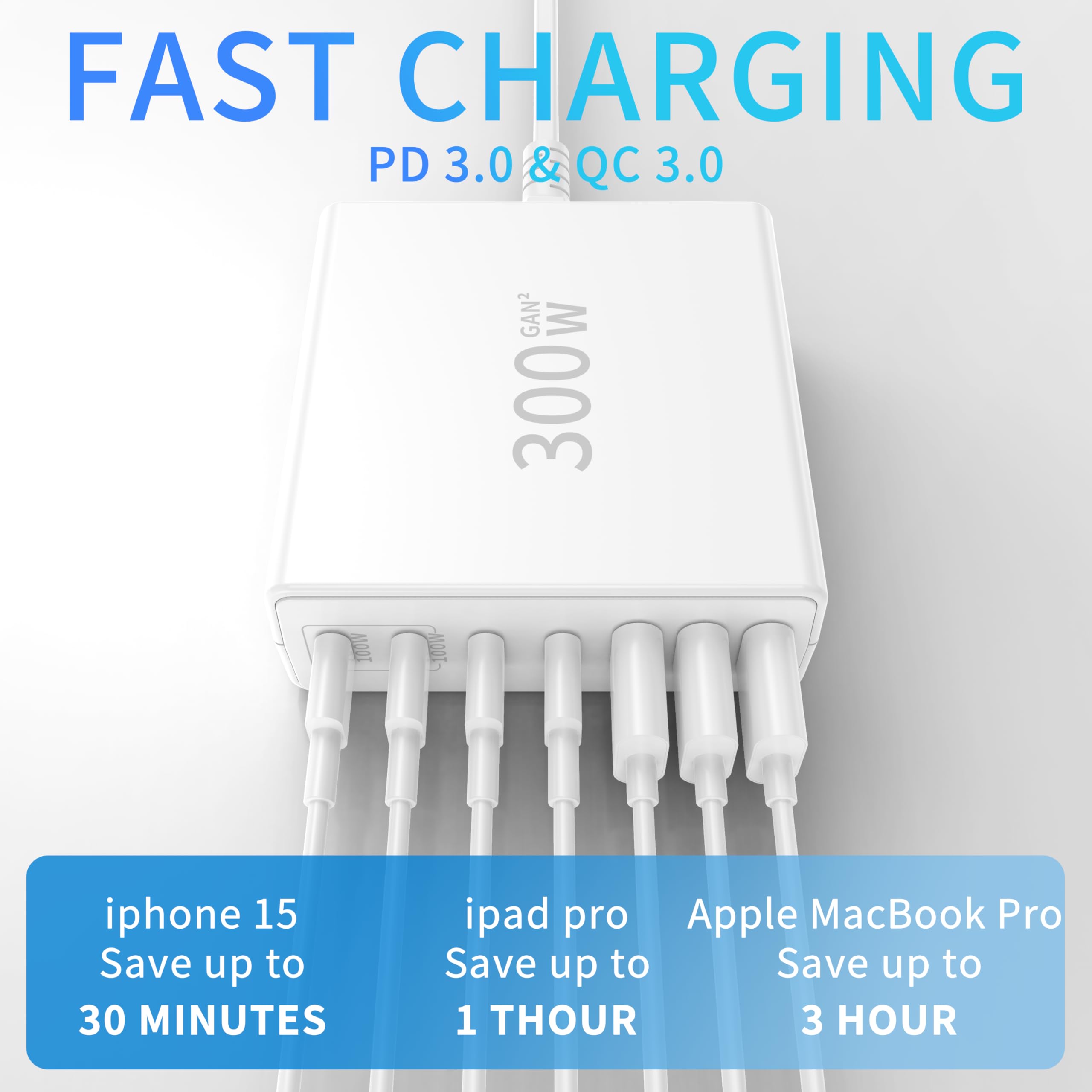 300W USB C Fast Charger Block - 7 Port Fast Charging Station with Dual PD PPS 100W for iPhone 15/14/Pro Max/12, Galaxy Note23, MacBook Pro/Air, iPad, Dell, HP, Surface Laptops | Perfect for Home, Office & Travel (White)