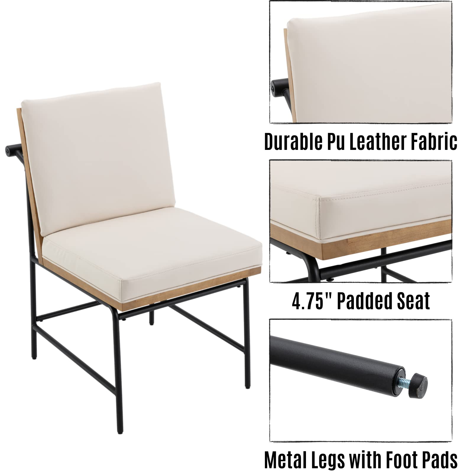 Mid Century Modern PU Leather Dining Chairs Set of 2 - Upholstered Square Back Kitchen Chairs with Sturdy Metal Legs & Wood Frame - Armless Parsons Chairs for Dining Room, Kitchen, Restaurant or Office Reception - Beige Home Decor