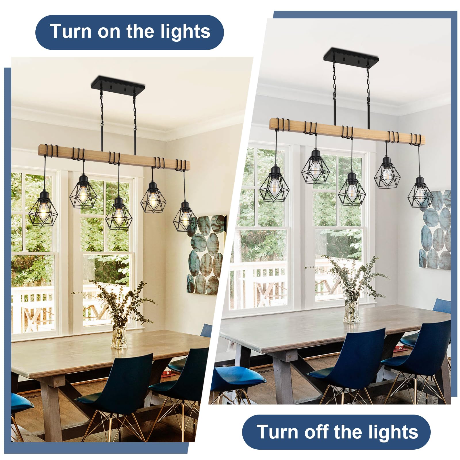 5-Light Modern Farmhouse Kitchen Island Chandelier - Black Rustic Wood Linear Pendant Light for Dining Room & Table - Perfect for Farmhouse, Rustic, and Modern Home Decor