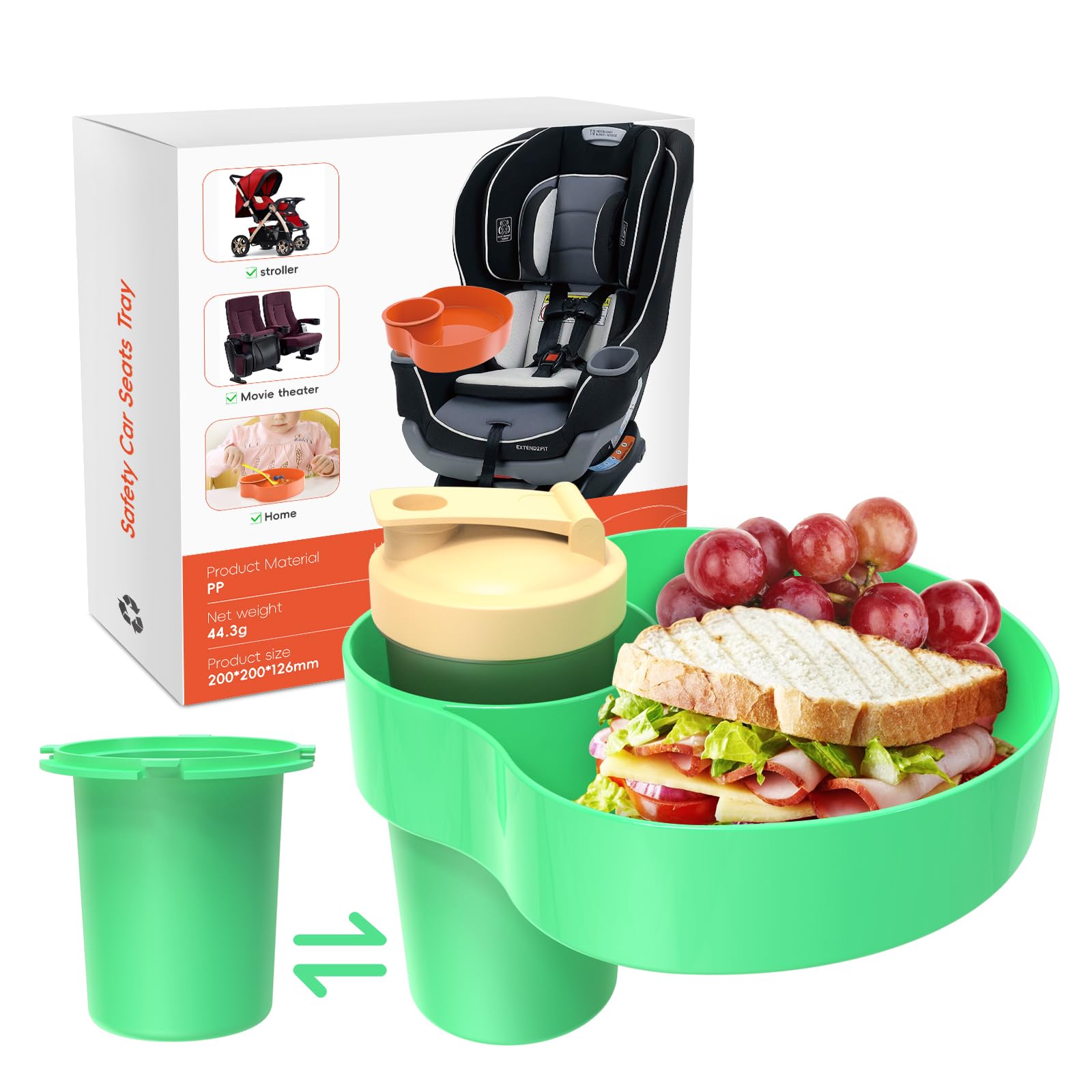 Best Kids Car Seat Travel Tray - Portable Snack Tray for Toddlers with 2 Cup Holders | Baby Stroller Feeding Tray for Road Trips & Airplane Travel | Essential Travel Accessories for Parents (Green)