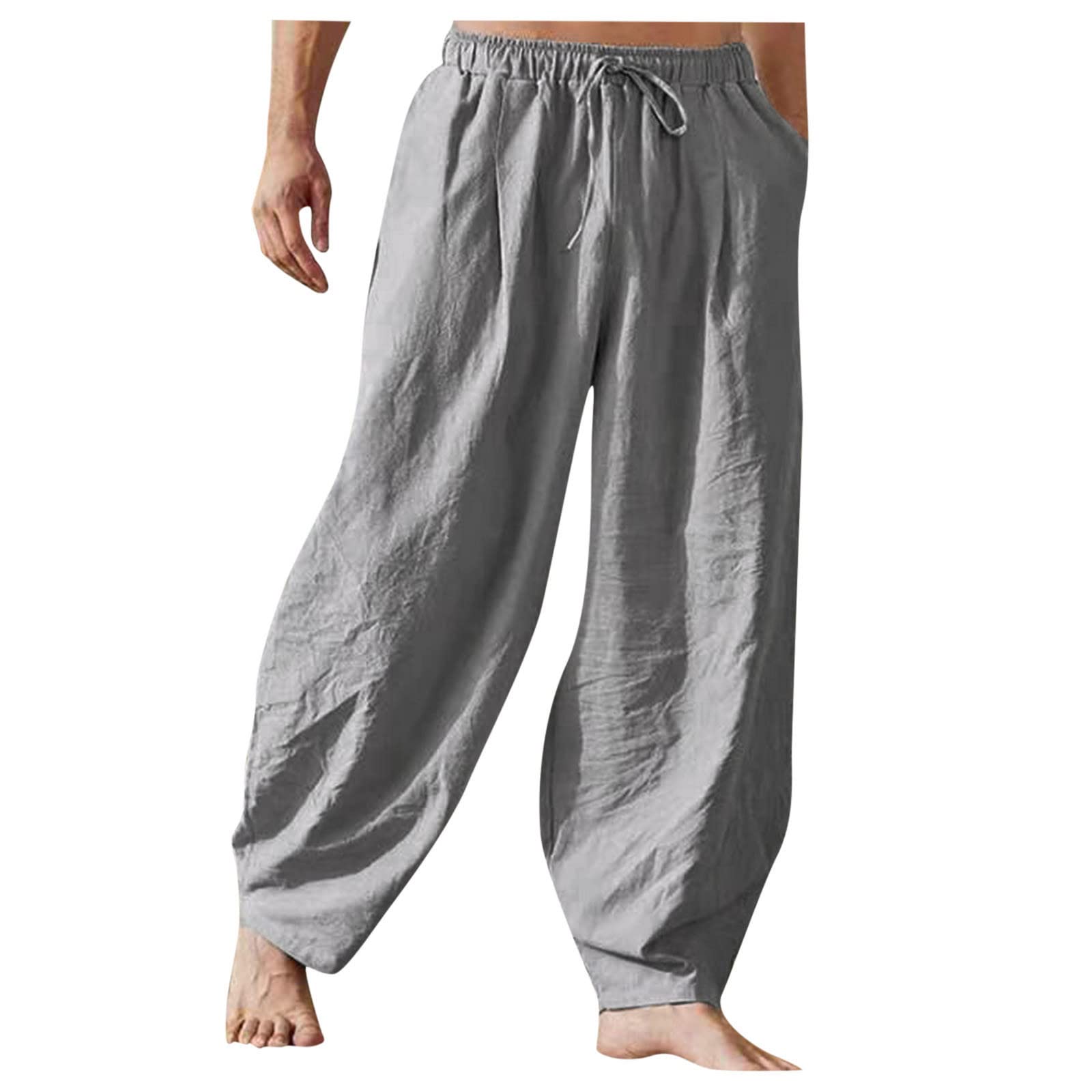 YXWLLN Solid Color Linen Cotton Pants for Men - Breathable Loose Fit Casual Trousers with Drawstring Waist | Perfect for Autumn, Lounge Wear & Home Comfort