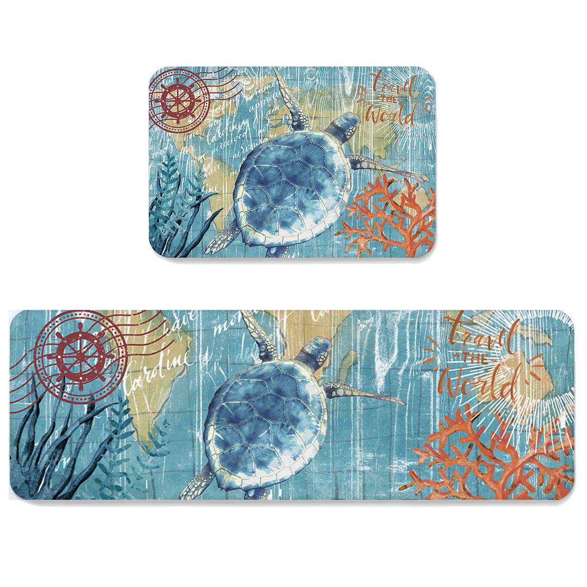 Premium Anti-Fatigue Kitchen Mat Set of 2 - Non-Slip Nautical Sea Turtle Design Floor Mats for Kitchen, Sink, Laundry & Home Office - Comfortable & Durable Ocean Animal Theme Rugs - Perfect for Cooking, Cleaning & Standing Long Hours