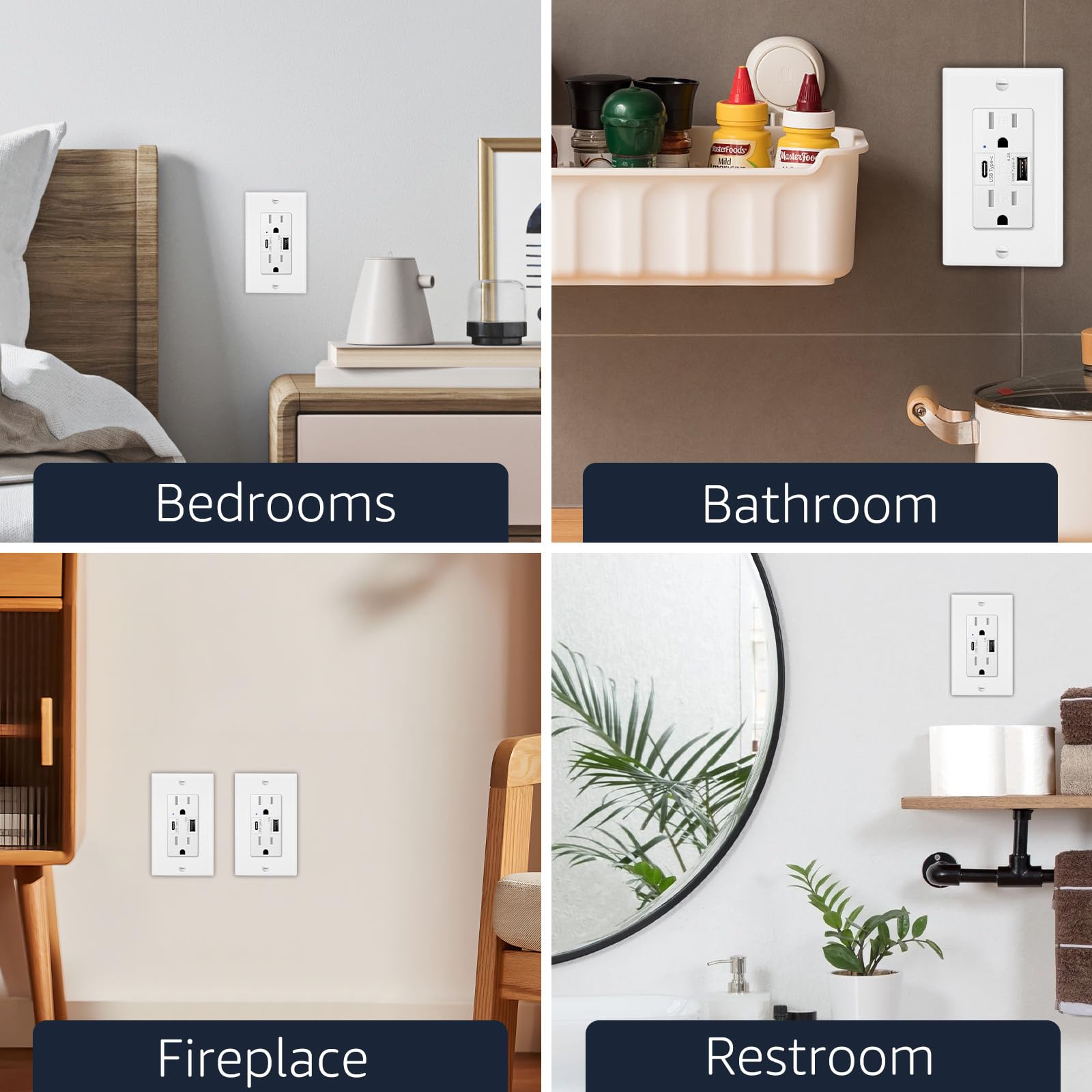 15A USB Type C Charger Outlet - 5 Pack for Apple, Samsung, Google Devices - Home & Office Use