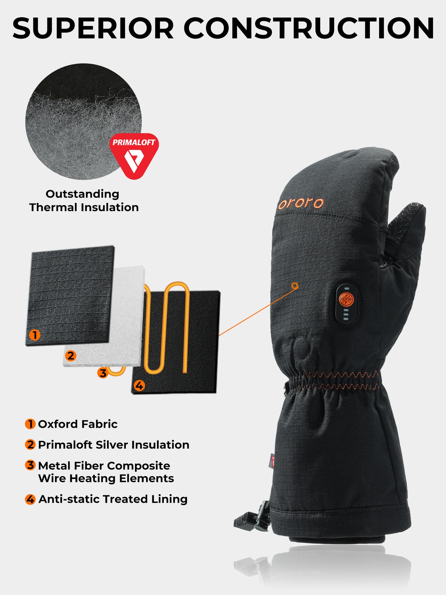 ORORO Heated Convertible Mittens with PrimaLoft Insulation - Fingerless Flip Top Winter Gloves for Men & Women (Charger Not Included) | Perfect for Skiing, Snowboarding, Hiking & Outdoor Activities in Cold Weather