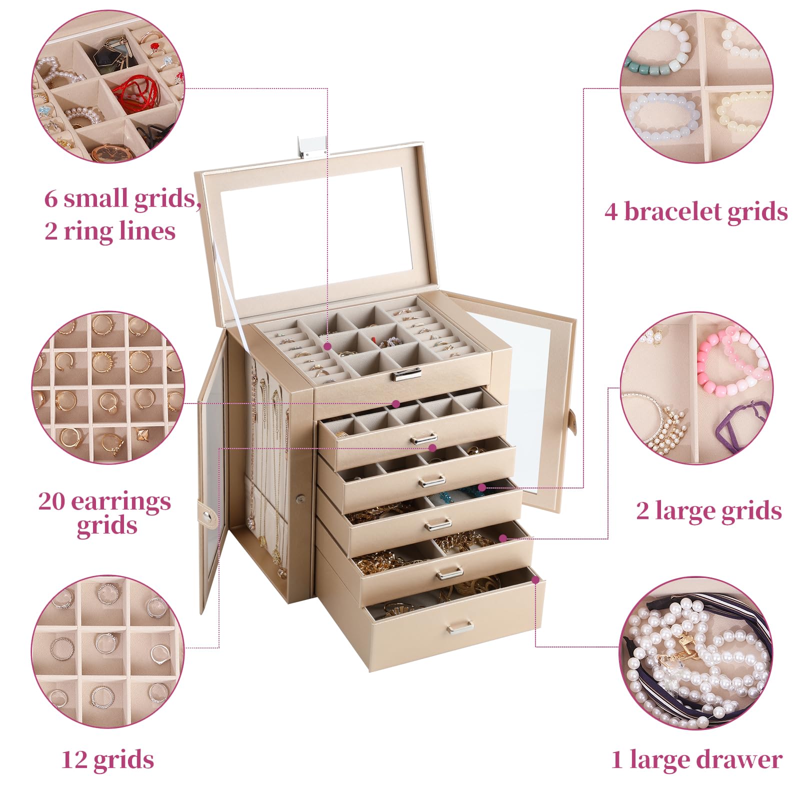 6-Layer Large Jewelry Box Organizer with Mirror & 5 Drawers - 2 Glass Door Display Case for Necklaces, Rings & Earrings - Champagne Gold Jewelry Storage for Bedroom Vanity & Travel (Gift Idea for Women)