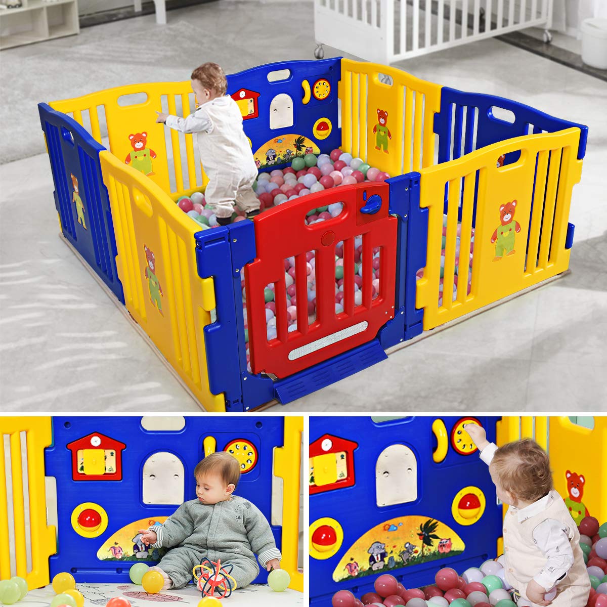 GYMAX Kids Play Fence with Gate & Lock - Durable Plastic Playpen, Foldable & Expandable Design, Non-Slip Suction Cups for Indoor Safety - Perfect for Toddlers, Home, Daycare & Kindergarten Play Areas