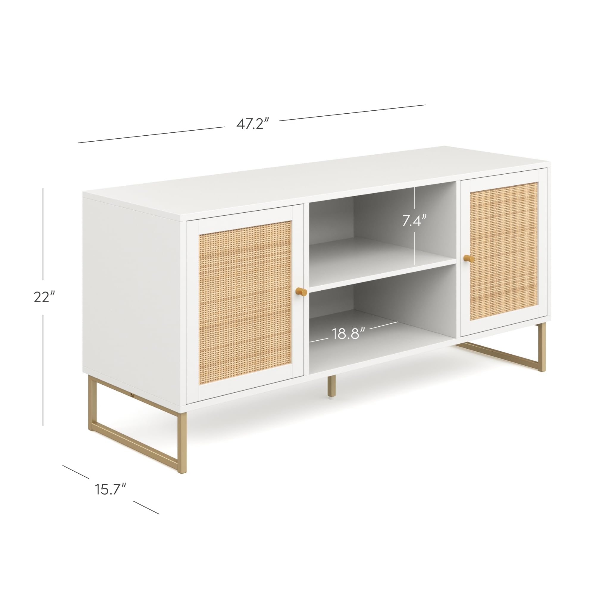Nathan James Mina Modern TV Stand with Rattan Storage Doors - Matte White & Gold Entertainment Console for Living Room & Media Room | Stylish TV Cabinet with Brass Accents for Home Theater Setup
