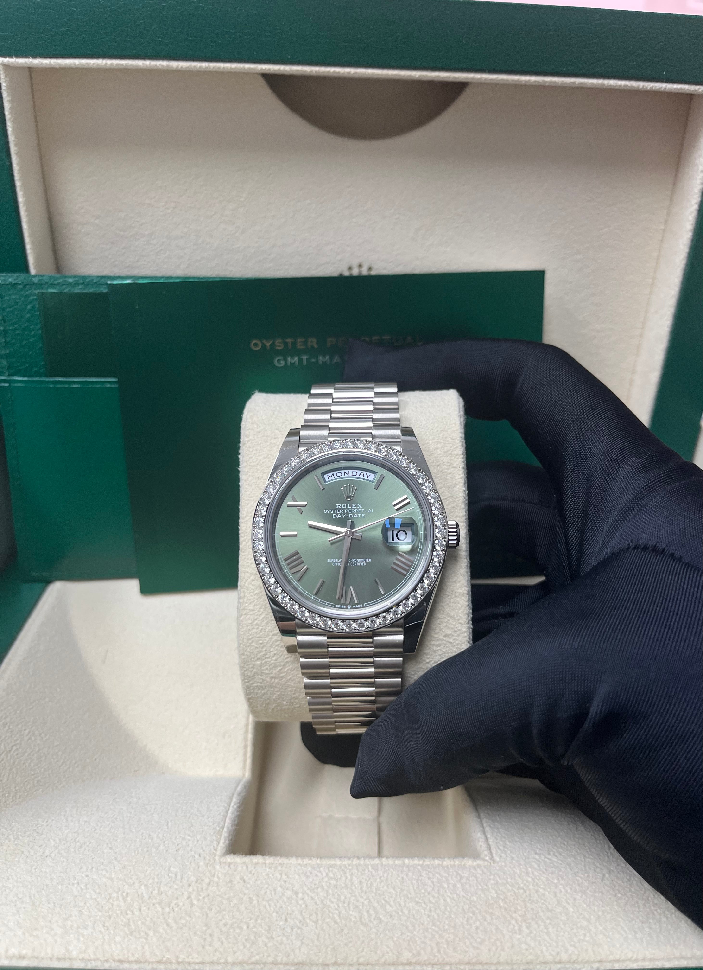 Rolex Day-Date 40mm 18K White Gold Watch with Olive Green Roman Dial & President Bracelet (Ref. 228349RBR) - Luxury Dress Watch for Business & Formal Occasions