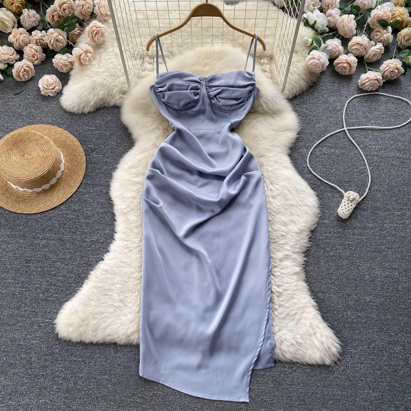 French Style Vintage Satin Spaghetti Strap Skirt Split Pleated Sexy Dress - Elegant Evening Gown for Parties, Dates & Special Occasions
