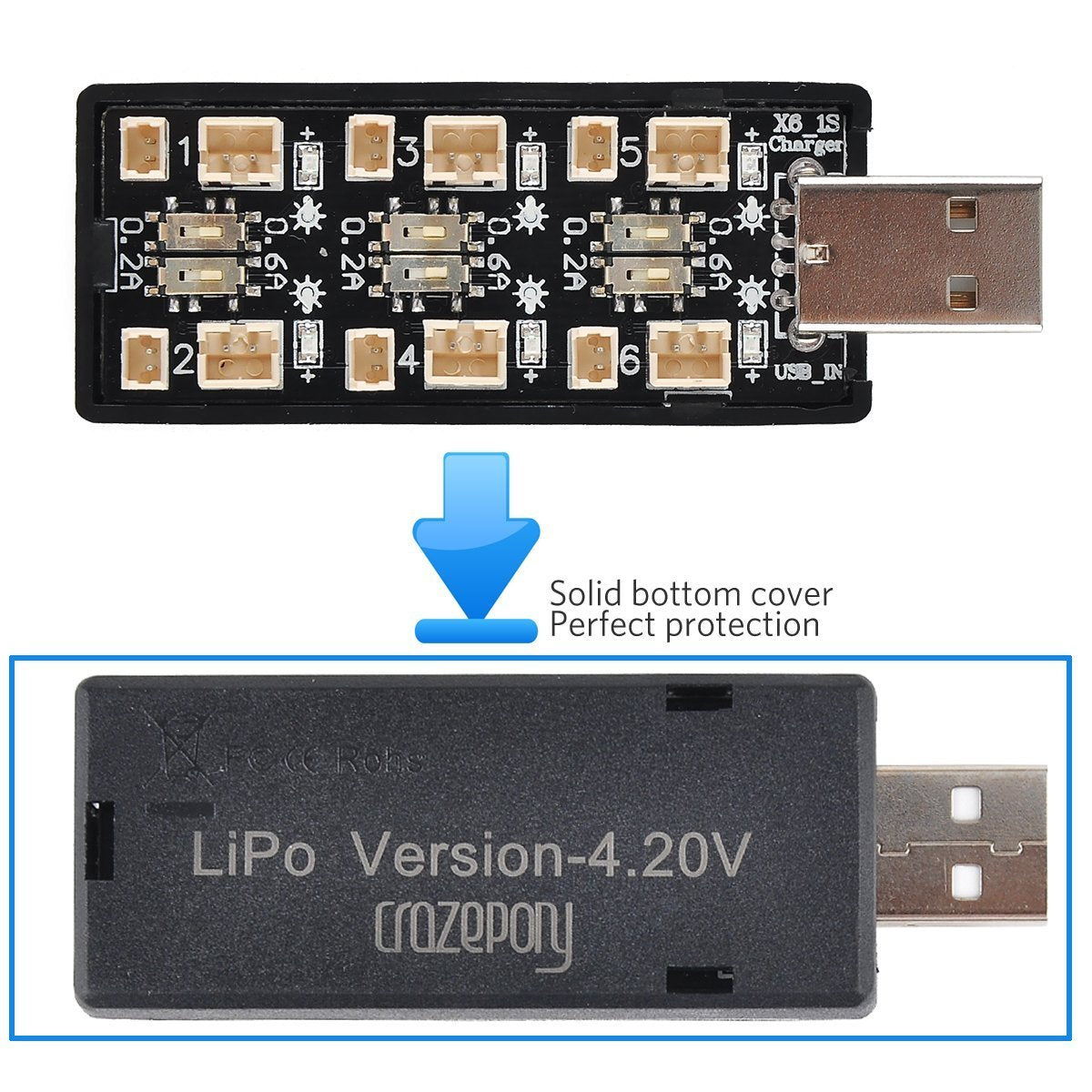 CrazyPony 6 Channel 1S LiPo USB Charger - Fast Charging for Tiny Whoop, Blade Inductrix & Micro JST Connectors - Perfect for FPV Drones, RC Toys & Micro Quadcopters