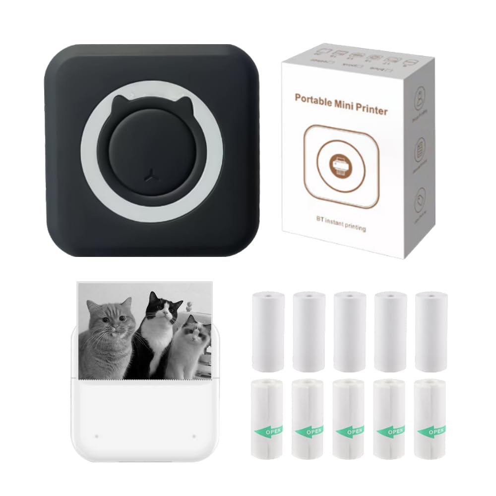 Bluetooth Mini Sticker Printer - Portable Thermal Photo Printer for iPhone, Smart Note Buddy with 10 Rolls Thermal Paper - Perfect for Journaling, Scrapbooking, DIY Crafts & Instant Memos