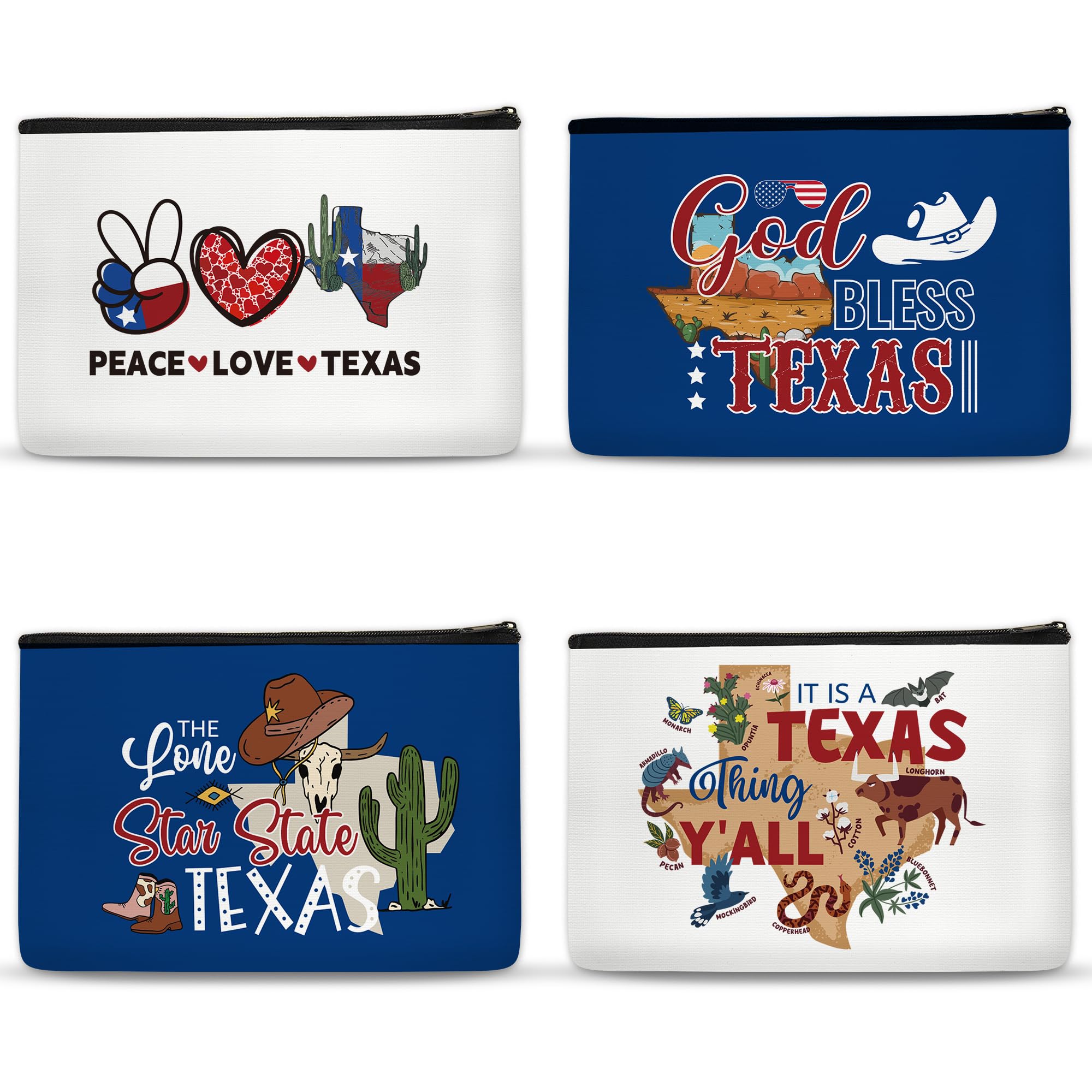 4pcs Texas-Themed Makeup Bags for Women - Waterproof Cosmetic Travel Organizer Zipper Pouch (Perfect for Vacation, Birthday Gifts, Christmas Party Favors & Sister Presents) - Great for Travel, Daily Use & Texas Souvenir Collectors