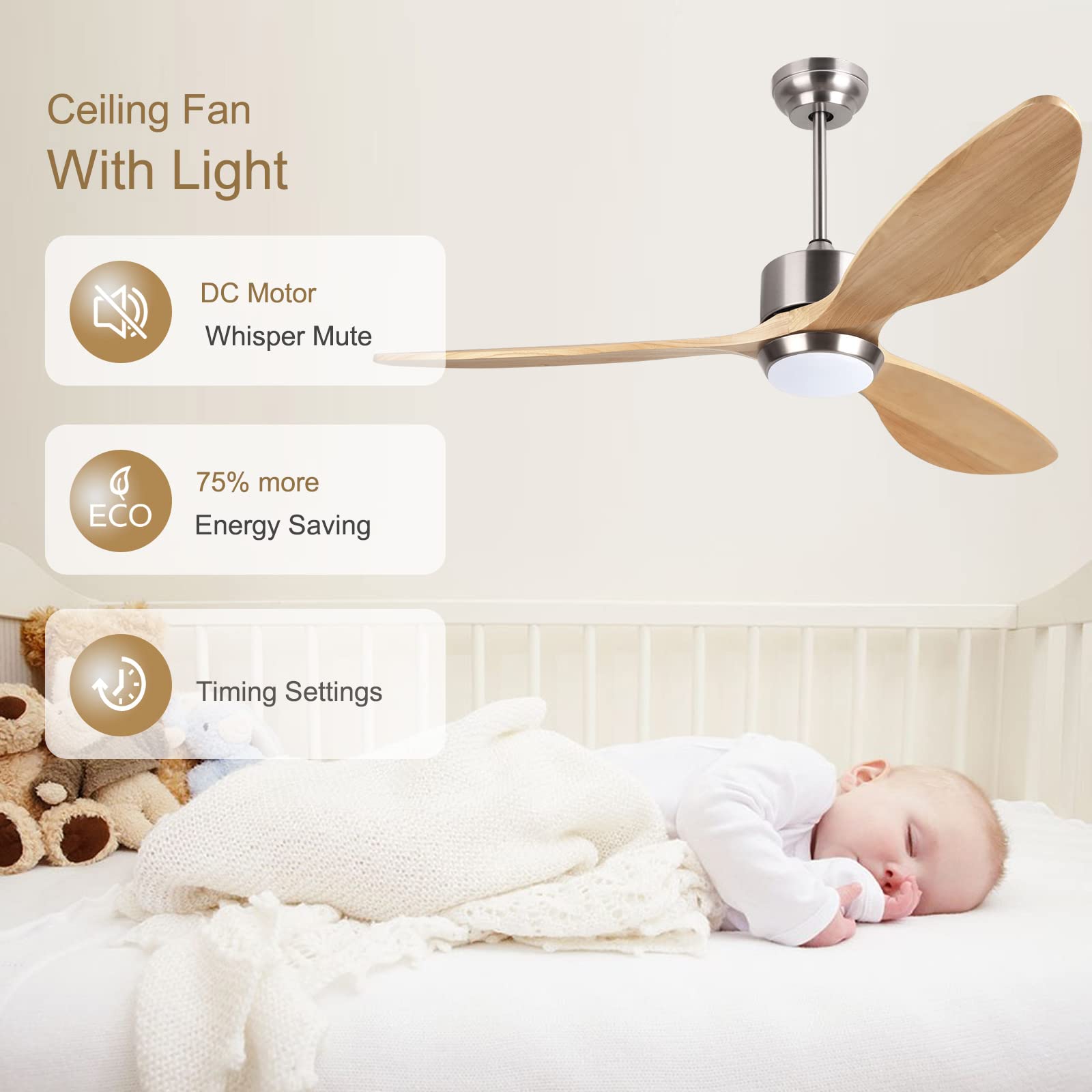 Ovlaim 52 Inch Wood Ceiling Fan with Light and Remote Control - 6 Speed Quiet DC Motor, 3 Blade Smart Ceiling Fan for Living Room, Bedroom, Indoor Use - Perfect for Home Cooling and Decoration