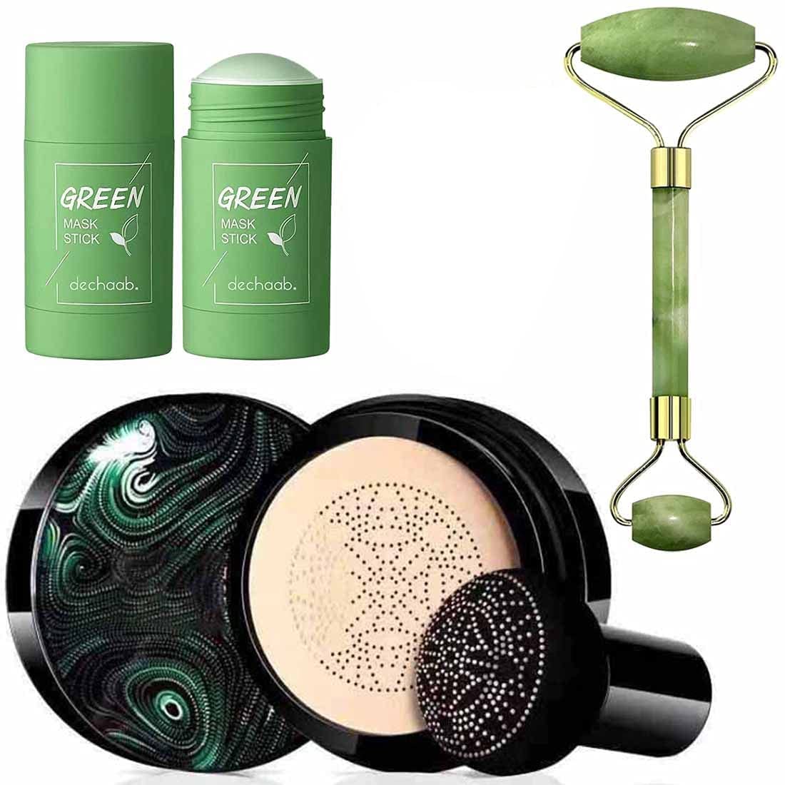 Lusty Soul 3-in-1 Air Mushroom Head Air Cushion Cream - Moisturizing Foundation (20g) with Green Tea Purifying Clay Oil Control Face Stick Mask (50g) & Jade Double Ended Massager Roller - Perfect for Daily Skincare Routine, Makeup Application, and Facial Massage Therapy