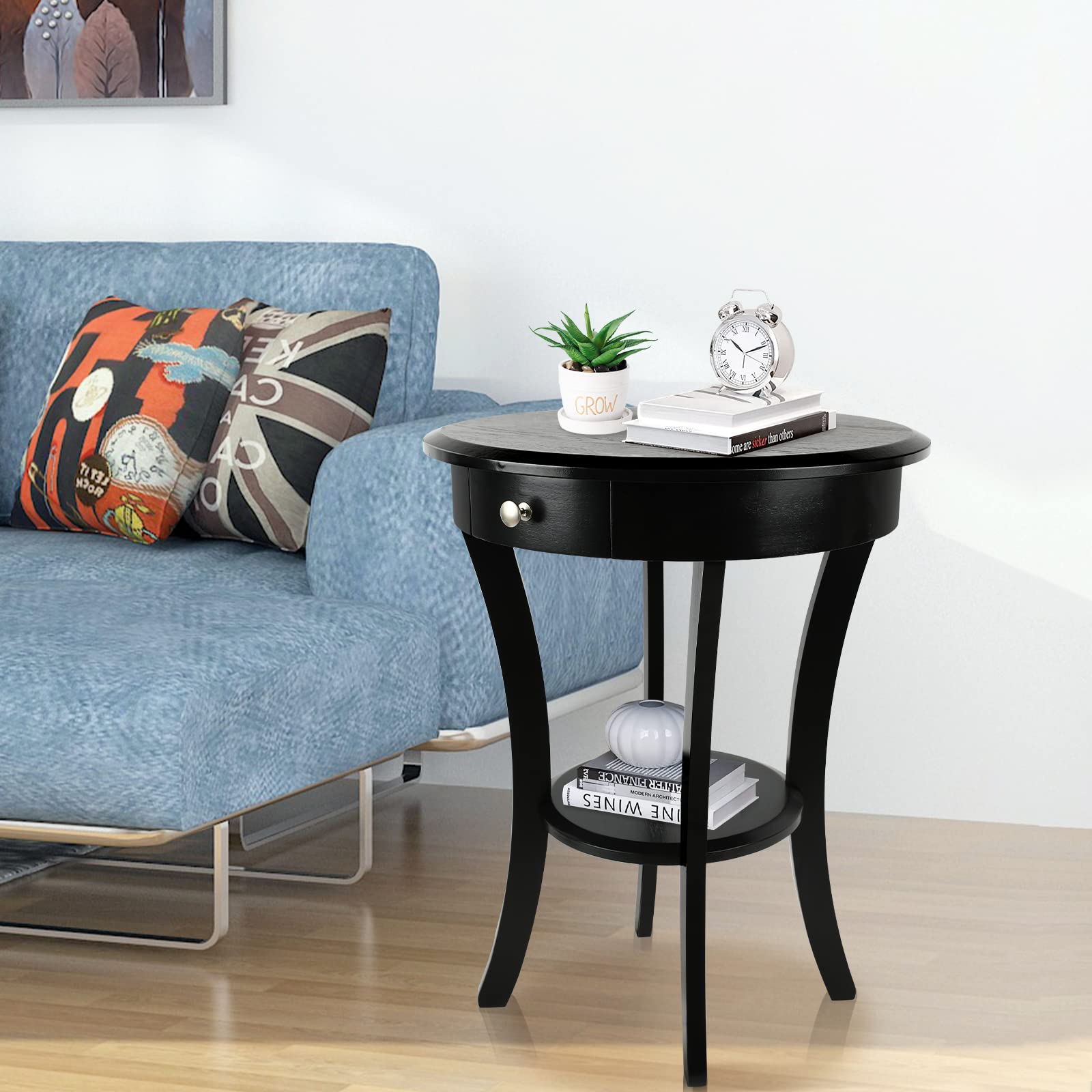 ECOMEX Round End Table with Drawer and Shelf - Solid Wood Side Table in Retro Country Classic Style - Perfect as Living Room Accent Table, Record Player Stand & Bedside Nightstand (Black)