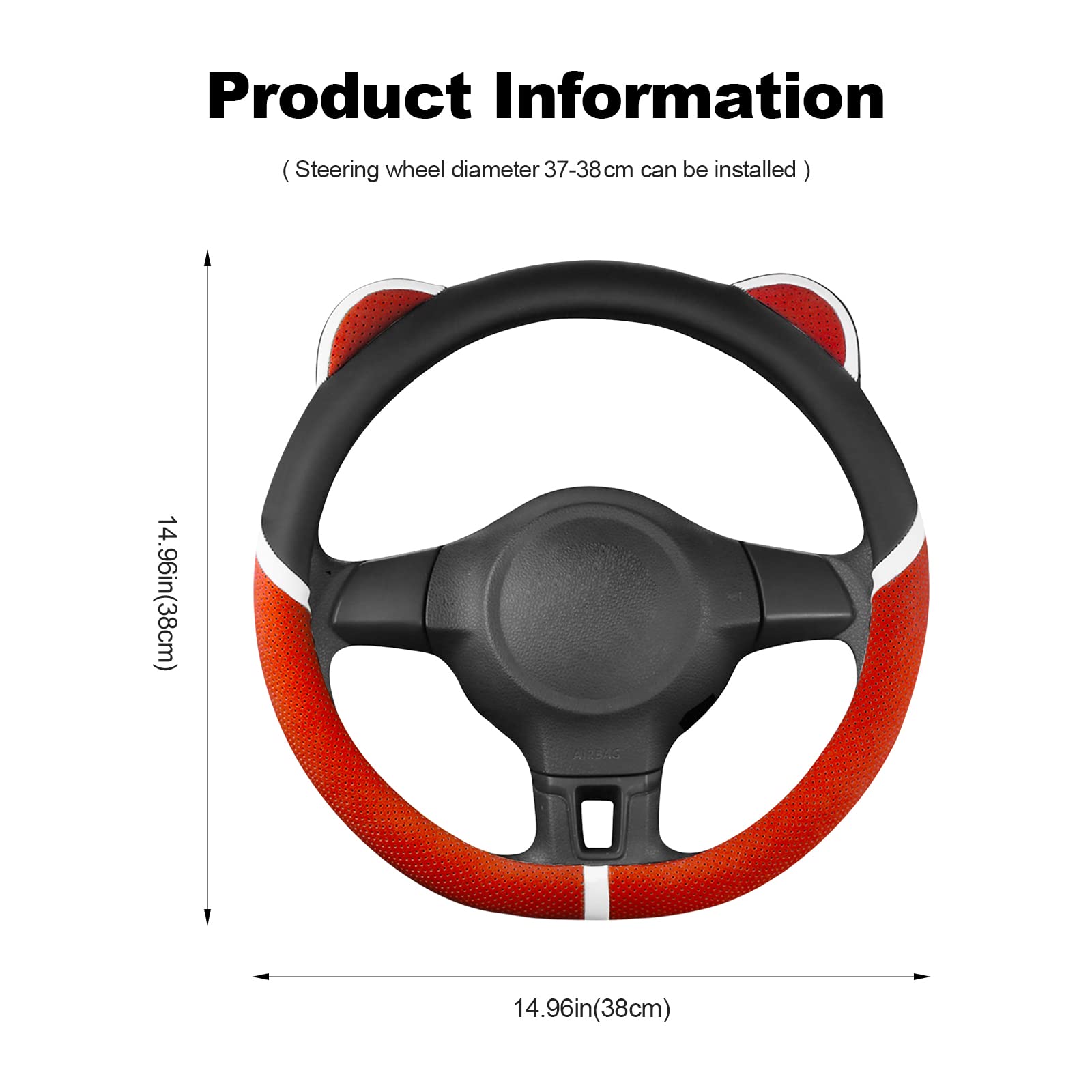 Ergocar D-Shaped Steering Wheel Cover - Cute Cartoon Cat Ears Design, Anti-Slip Microfiber PU Leather, Breathable Car Accessory for Women (15