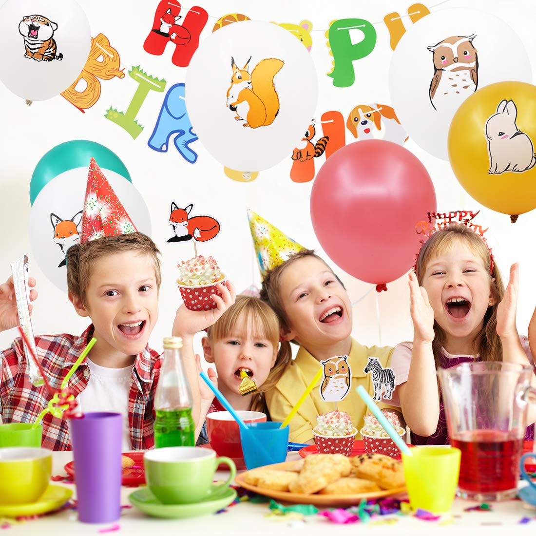 48 Pcs Jungle Animal Birthday Party Decorations - Happy Birthday Banner, Cake Toppers, Food Toothpicks, Latex Balloons (Fox, Rabbit, Raccoon) for Kids Birthday Party Supplies | Perfect for Jungle Theme Parties, Baby Showers & Classroom Decorations