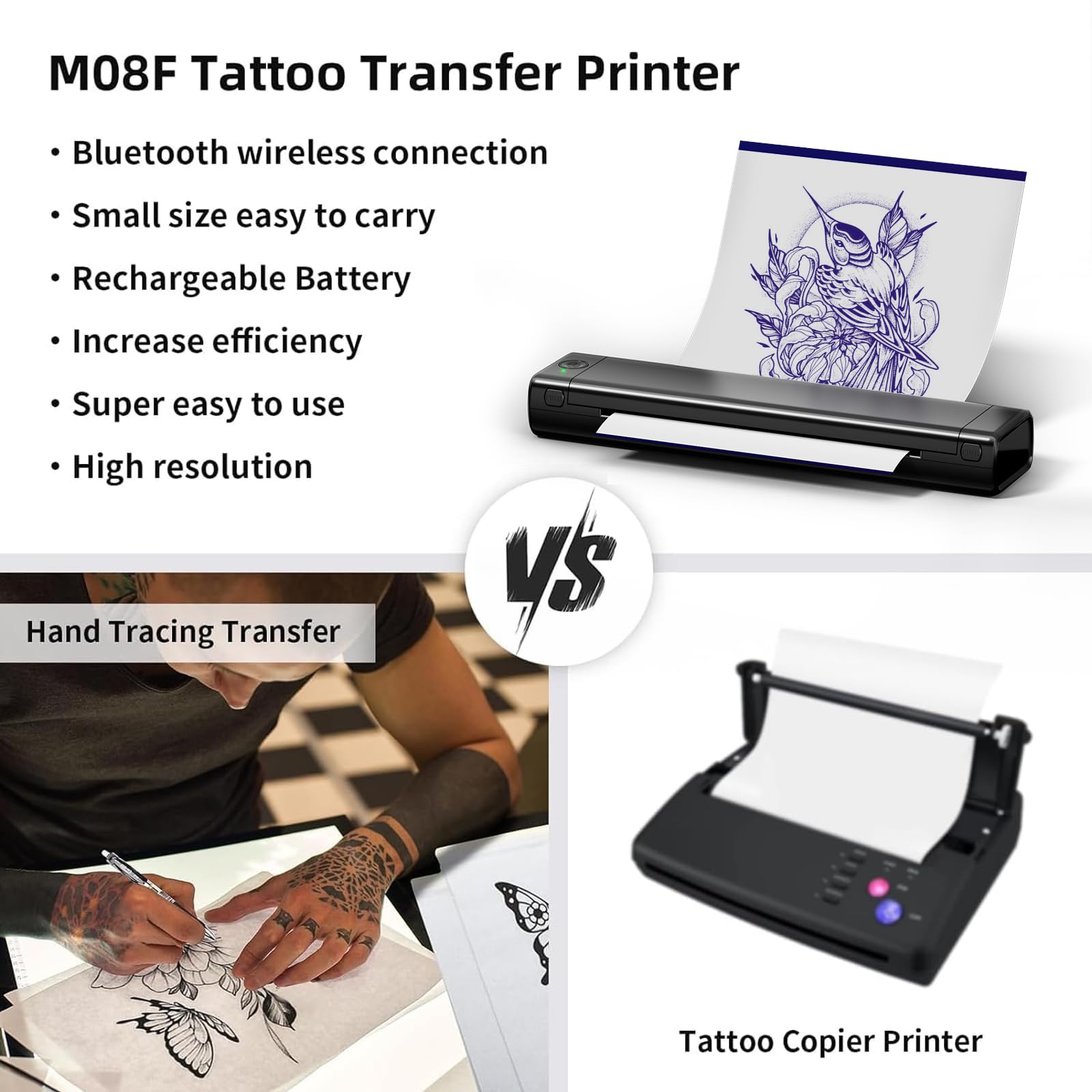 Zoolion M08F Tattoo Stencil Printer - Thermal Transfer Machine for Tattoo Artists with 10Pcs Transfer Paper | Compatible with Phone, Tablet & PC | Perfect for Tattoo Studio, Home Practice & Professional Tattooing