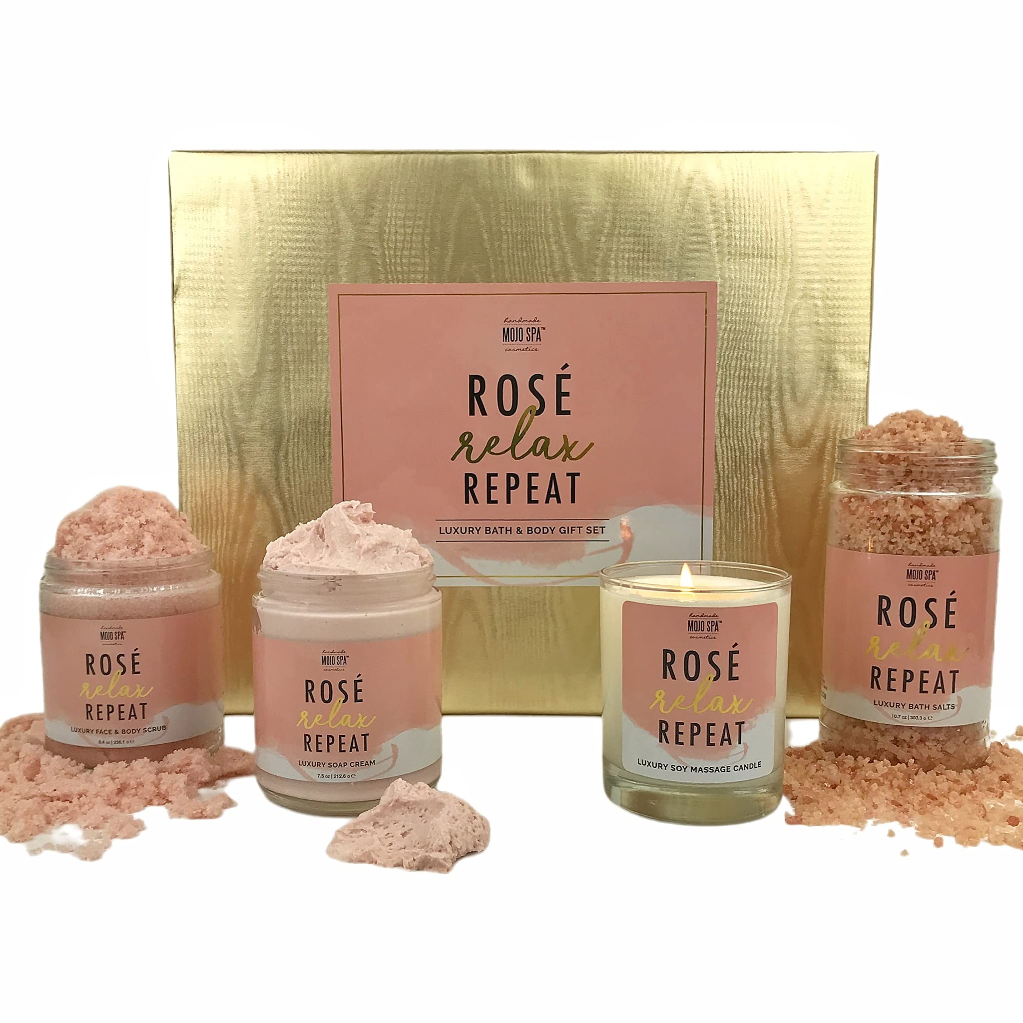 Mojo Spa Rosé Relax Repeat Extra Large Gift Set - 4 Handmade Natural Bath & Body Products for Women | Face & Body Scrub, Soap Cream, Bath Salts, Massage Candle | Perfect for Self-Care, Spa Day, Birthday & Anniversary Gifts