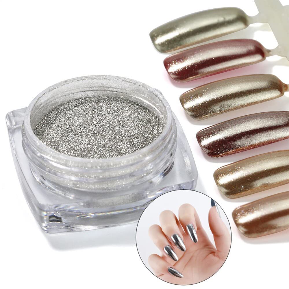 Premium Gold & Silver Chrome Nail Powder Set - 4 Jars Mirror Effect Mermaid Nail Art Powder with Shimmery Aurora Glitter | Perfect for Nail Salon, DIY Manicure, Party & Gift for Women & Girls