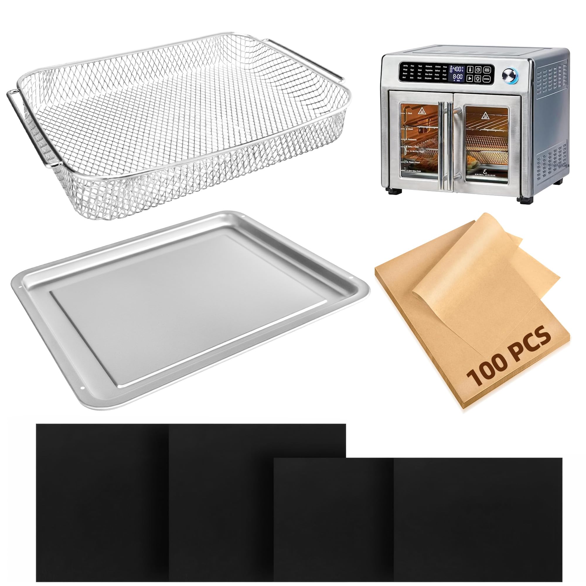 Emeril Lagasse 26 Qt Air Fryer Accessories Set - Non-Stick Baking Pans, Air Fryer Basket, Parchment Paper & Teflon Mats for Extra Large Air Fryer Oven | Perfect for Healthy Cooking, Meal Prep & Family Gatherings