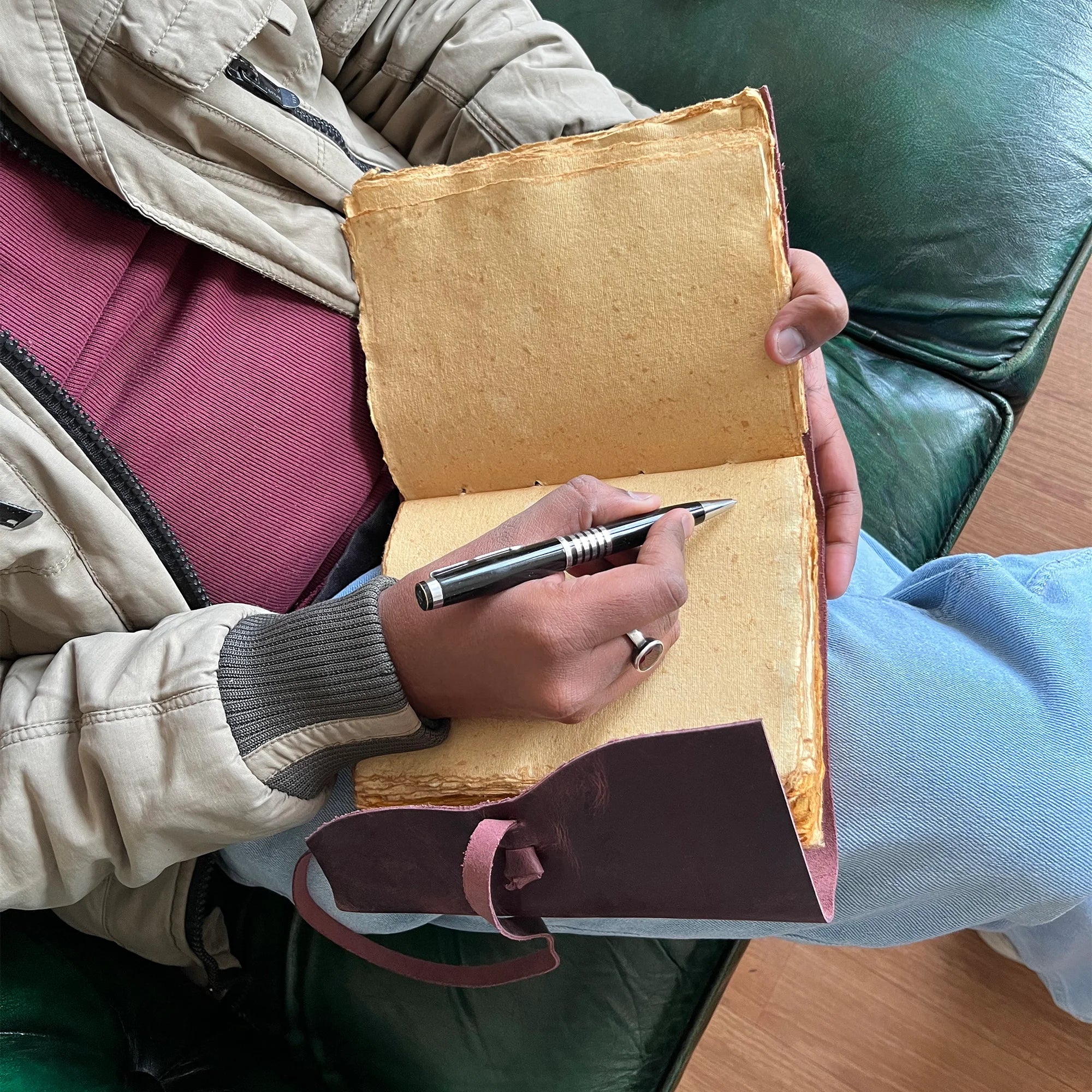 Handmade Leather Bound Journal A5 Size with Antique Deckle Edge Paper - Mauve Color for Writing, Sketching & Gift Giving