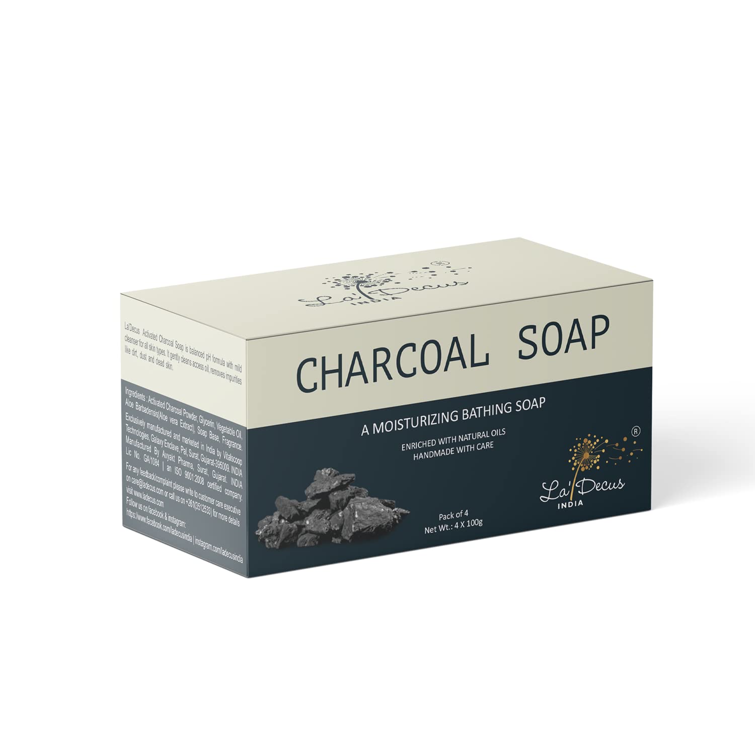 La' Decus Activated Charcoal Soap Combo Pack of 4 for Women & Men | Essential Oil Enriched Moisturizing Bar Soap | Detox & Exfoliate Skin | 100% Natural 100g Each | Perfect for Acne-Prone Skin & Daily Detox Routine