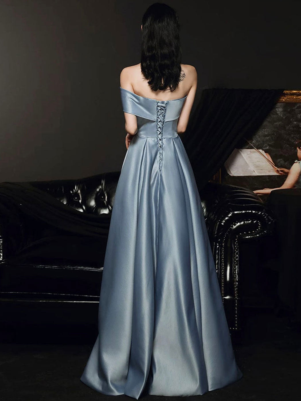 Elegant A-Line Satin Gray Blue Long Prom Dress & Bridesmaid Gown - Perfect for Formal Dances, Weddings, and Special Occasions
