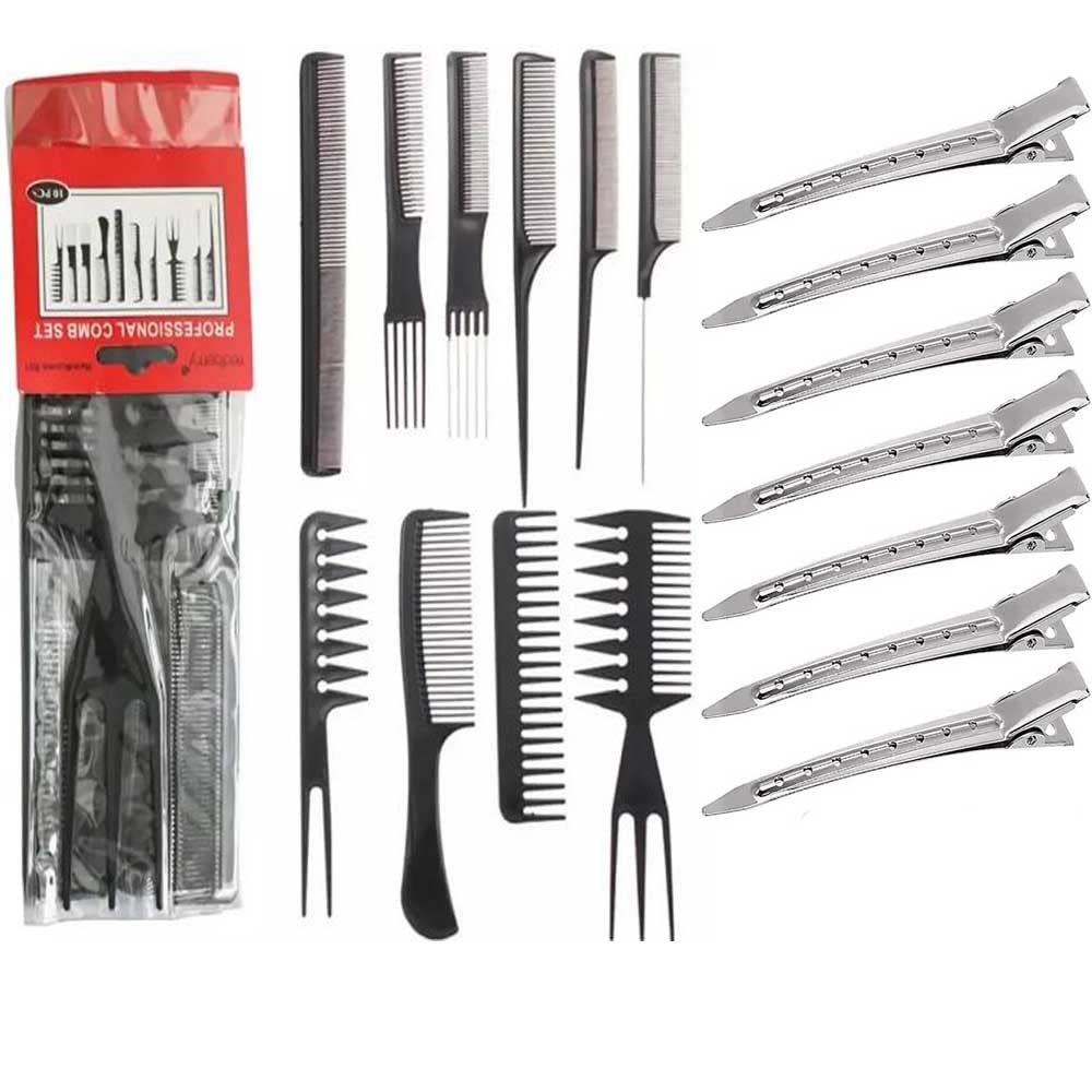 10Pcs Professional Hair Comb Set - Tail Comb, Dressing Comb, Wide & Fine Tooth Combs for Styling - Unisex Salon & Home Use with 6 Hair Section Clips - Perfect for Hair Styling, Detangling & Sectioning at Home or Salon