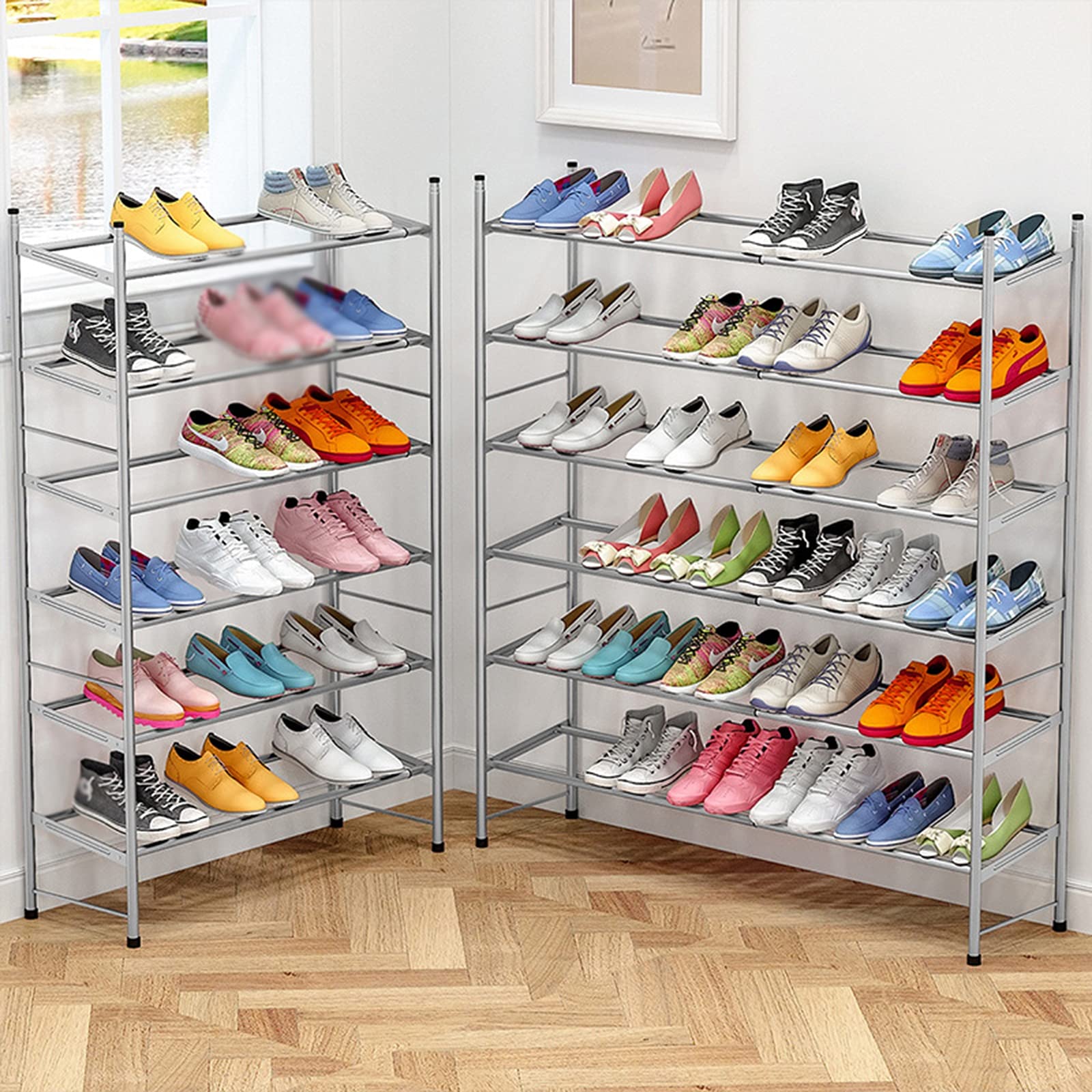 JHSLXD Adjustable 6-Tier Shoe Rack for Hallway, Dorm Room & Entryway - Metal Shoe Storage Shelf (60-110cm Height) - Perfect for Organizing Sneakers, Boots & Sandals in Small Spaces