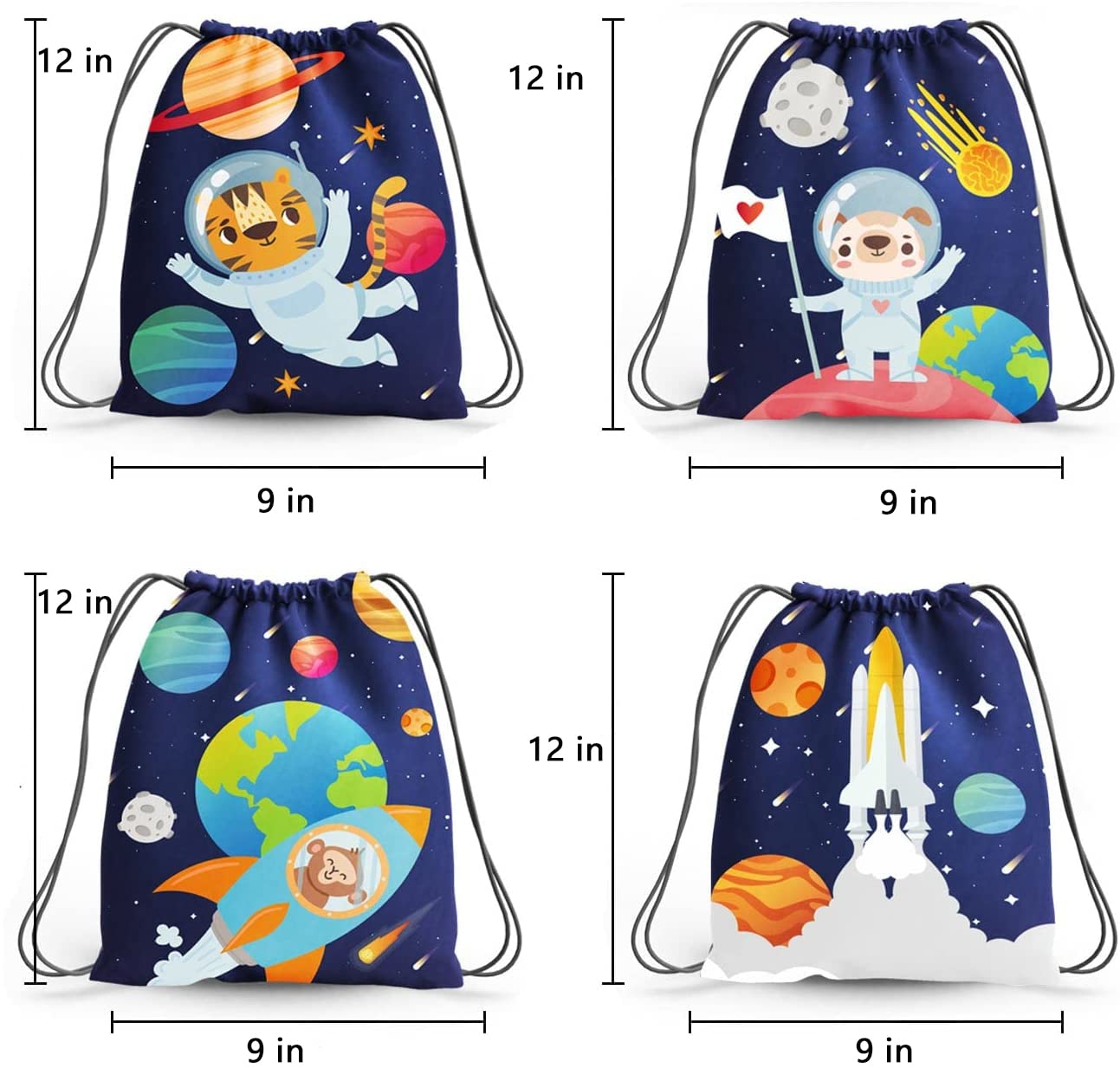 12 Pack Space Themed Party Favor Bags - Kids Birthday Party Supplies, Drawstring Goodie Bags for Boys & Girls, Candy & Snack Storage for School, Travel & Toy Organization - Perfect for Birthday Parties, Classroom Rewards & Travel Snacks