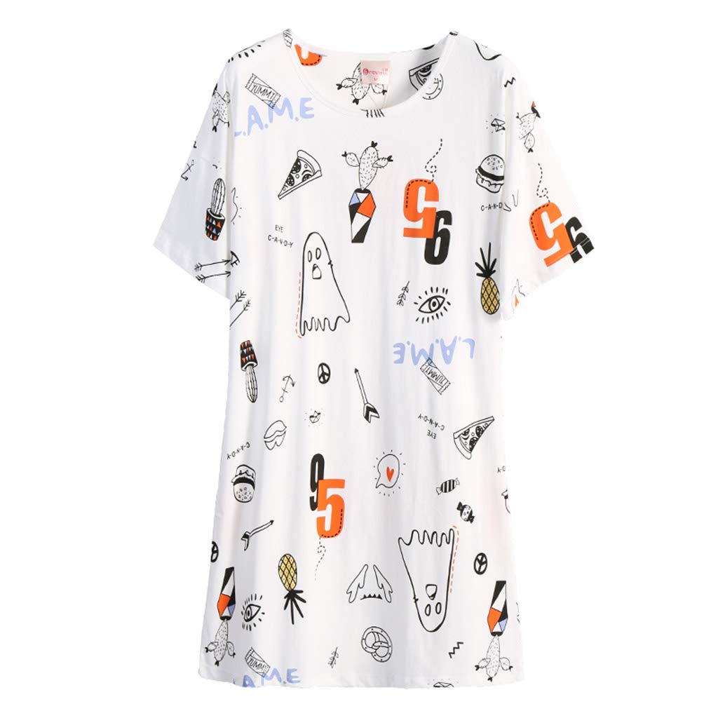 Women's Short Sleeve Nightdress Pajamas - Soft Cotton Sleepwear Round Neck Nightgown for Women (White, Size XL-170) - Perfect for Summer Nights & Relaxing at Home