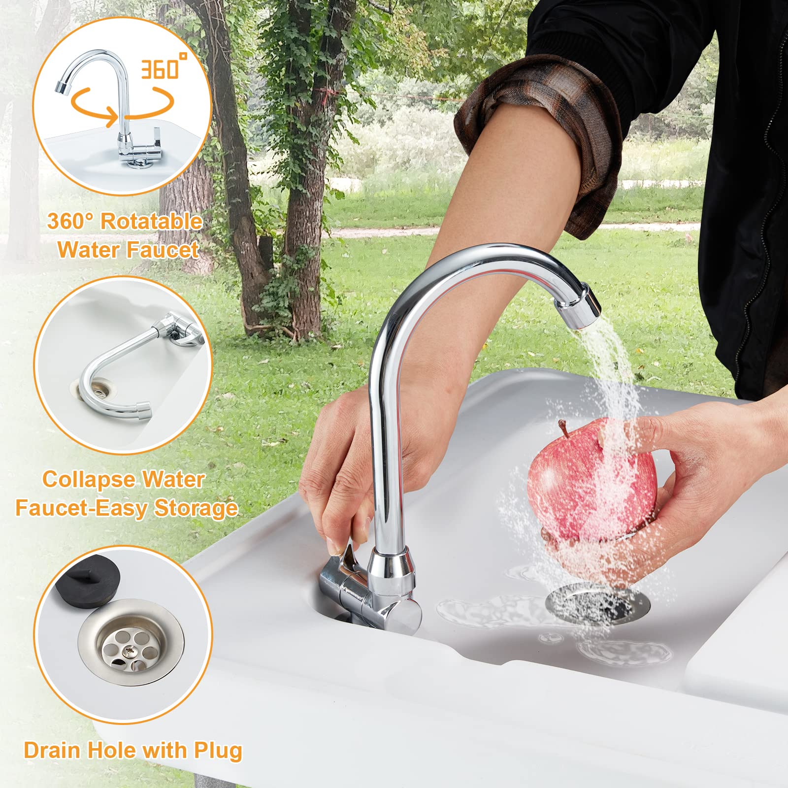 Portable Folding Fish Cleaning Table with Faucet, Drain Hose & Sprayer - Outdoor Camping Sink Station with Grid Rack & Knife Groove - Perfect for Fishing, Picnics, RV Trips & Backyard Fish Fillet Prep, Grey