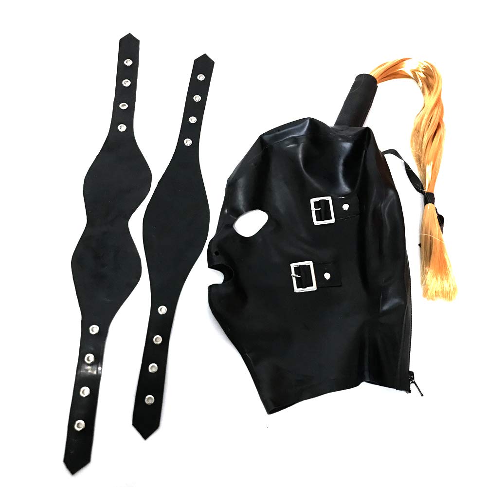 Latex Hood Mask with Detachable Eyes & Mouth Patches, Snap Closure, Ponytail Hole & Zipper - Perfect for Cosplay, BDSM, Halloween Costumes & Fetish Parties