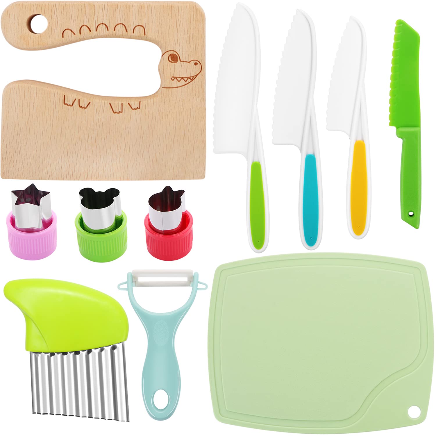 11-Piece Kids Kitchen Knife Set - Wooden Safe Knives for Real Cooking with Serrated Edges | Toddler Cooking Utensils & Tools | Includes Plastic Knife, Potato Slicers & Cutting Board | Perfect for Early Cooking Lessons & Family Meal Prep