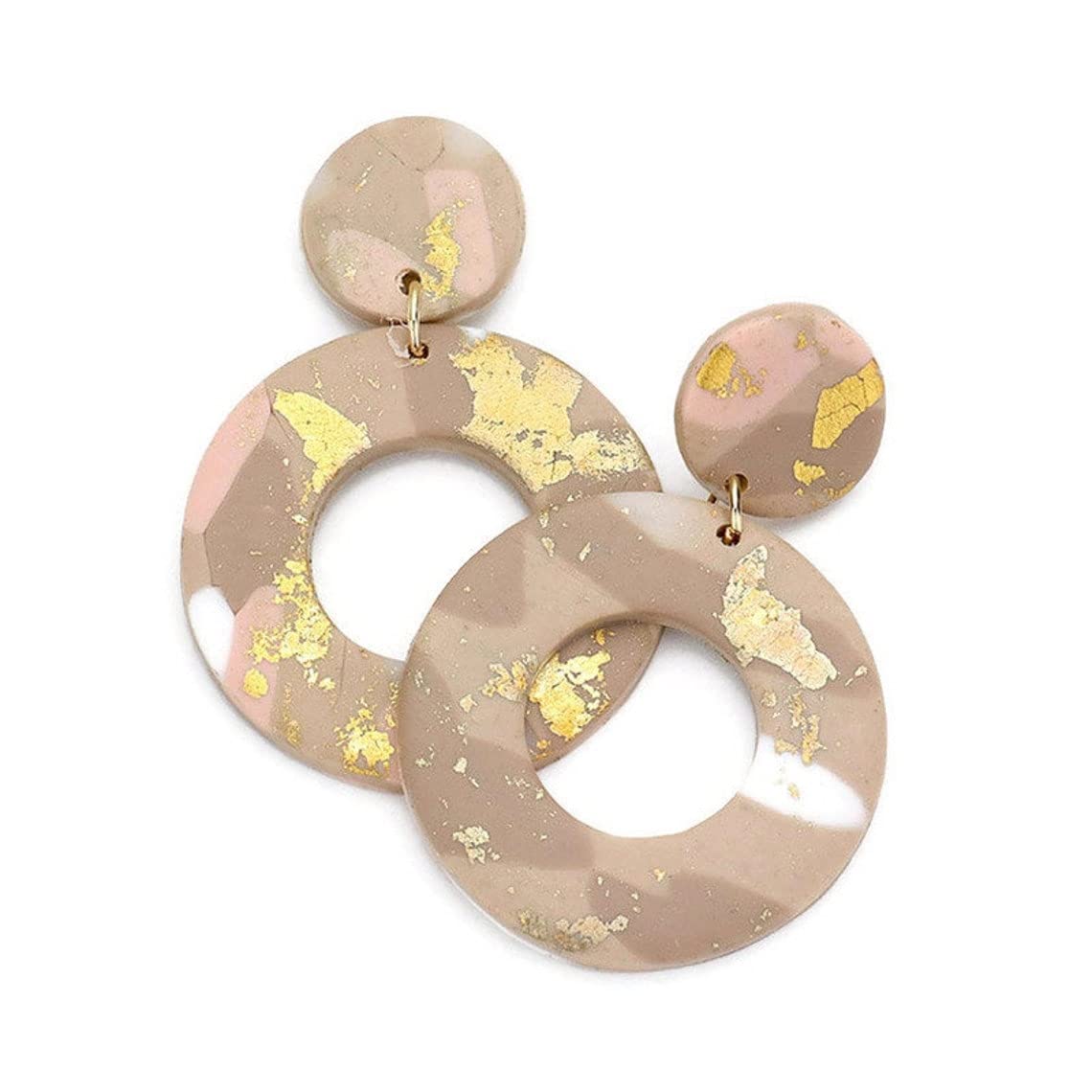 Beige Gold Tone Polymer Clay Circle Dangle Earrings for Women | Handmade Boho Chic Jewelry | Perfect for Parties, Weddings & Everyday Wear