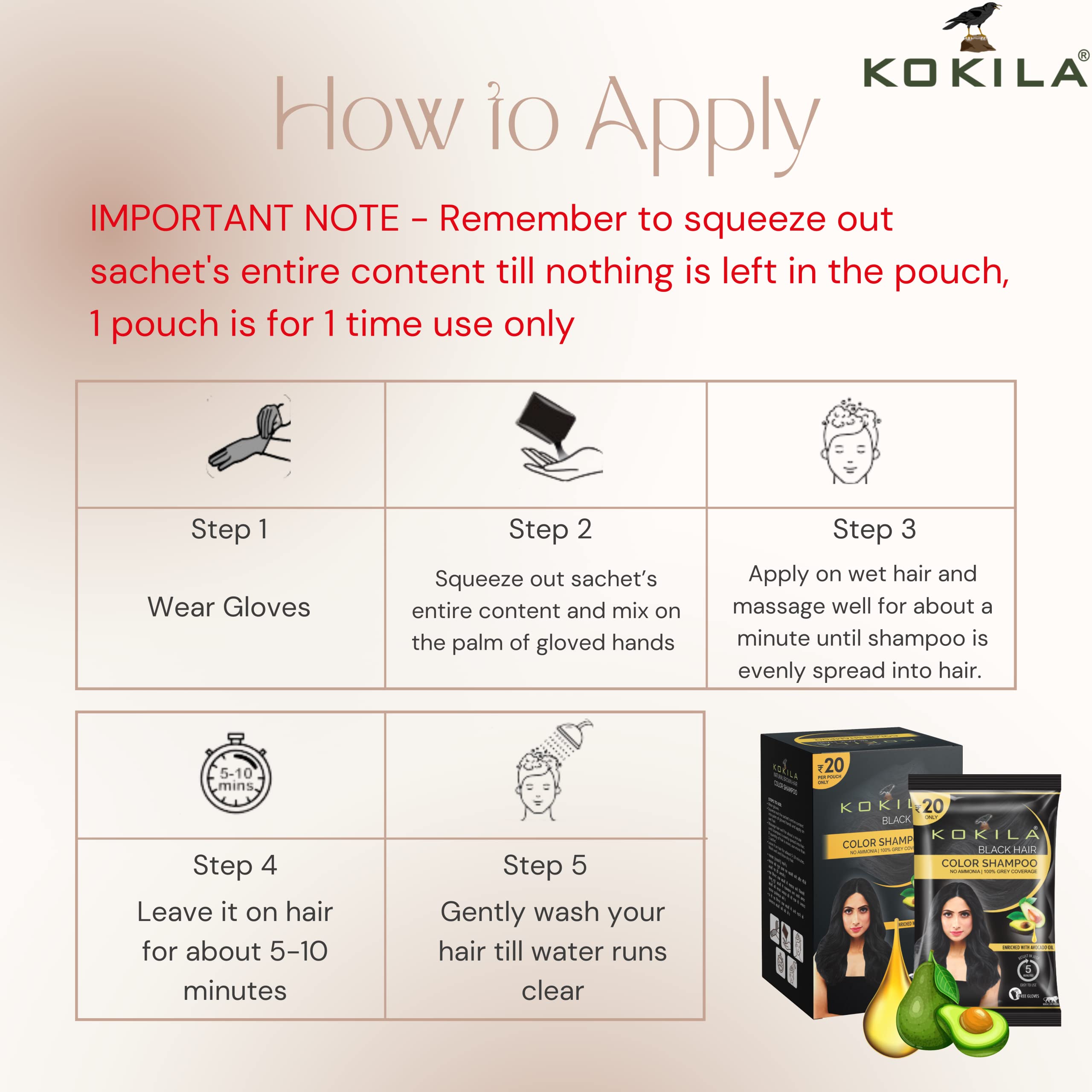 Kokila Unisex Instant Hair Color Shampoo with Almond Oil - 5 Minute Long-Lasting Black Hair Dye (10 Pack, 15ML Each) - Perfect for Quick Touch-Ups, Gray Coverage & At-Home Hair Coloring