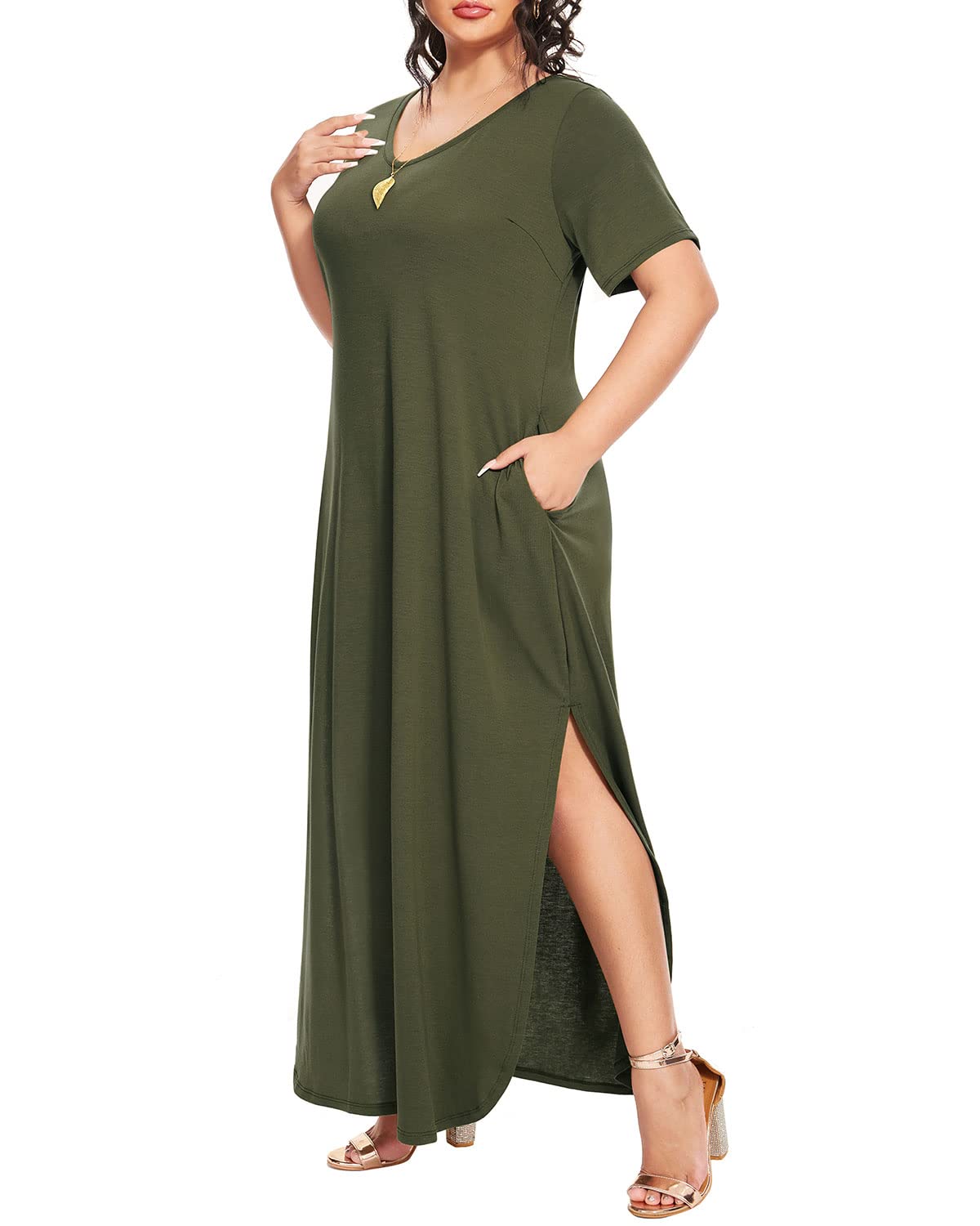 Plus Size Maxi Dresses for Women - Army Green Casual T-Shirt Dress with Pockets, Short Sleeve, Loose Fit, V-Neck & Side Slit | Summer Beach Wear, Vacation Outfit, Casual Day Dress