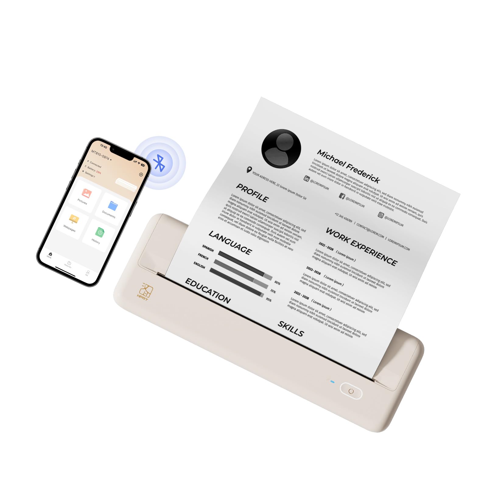 HPRT MT810 Wireless Portable Thermal Printer - Bluetooth Compact Inkless Printer for Travel, Office & Vehicle Use, Compatible with iPhone, Android & Laptop | Mobile Printing Receipts, Labels & Tickets on the Go