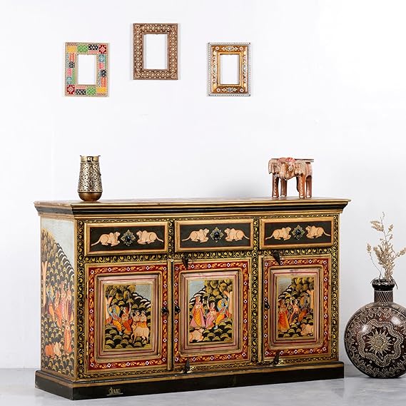 Hand Painted Mango Wood Sideboard - Multi-Color Rustic Buffet Cabinet for Dining Room, Living Room & Entryway Storage