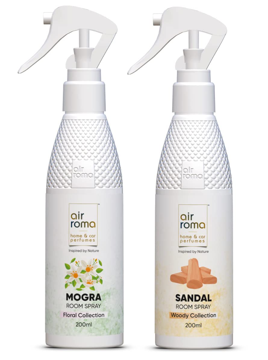 Premium AIR-ROMA Combo Pack Air Freshener - Magic Mogra & Sweet Sandal Fragrance, 200ml Each | Long-Lasting Odor Eliminator for Home, Office, Car & Bathroom | Natural Liquid Air Freshener Set of 2
