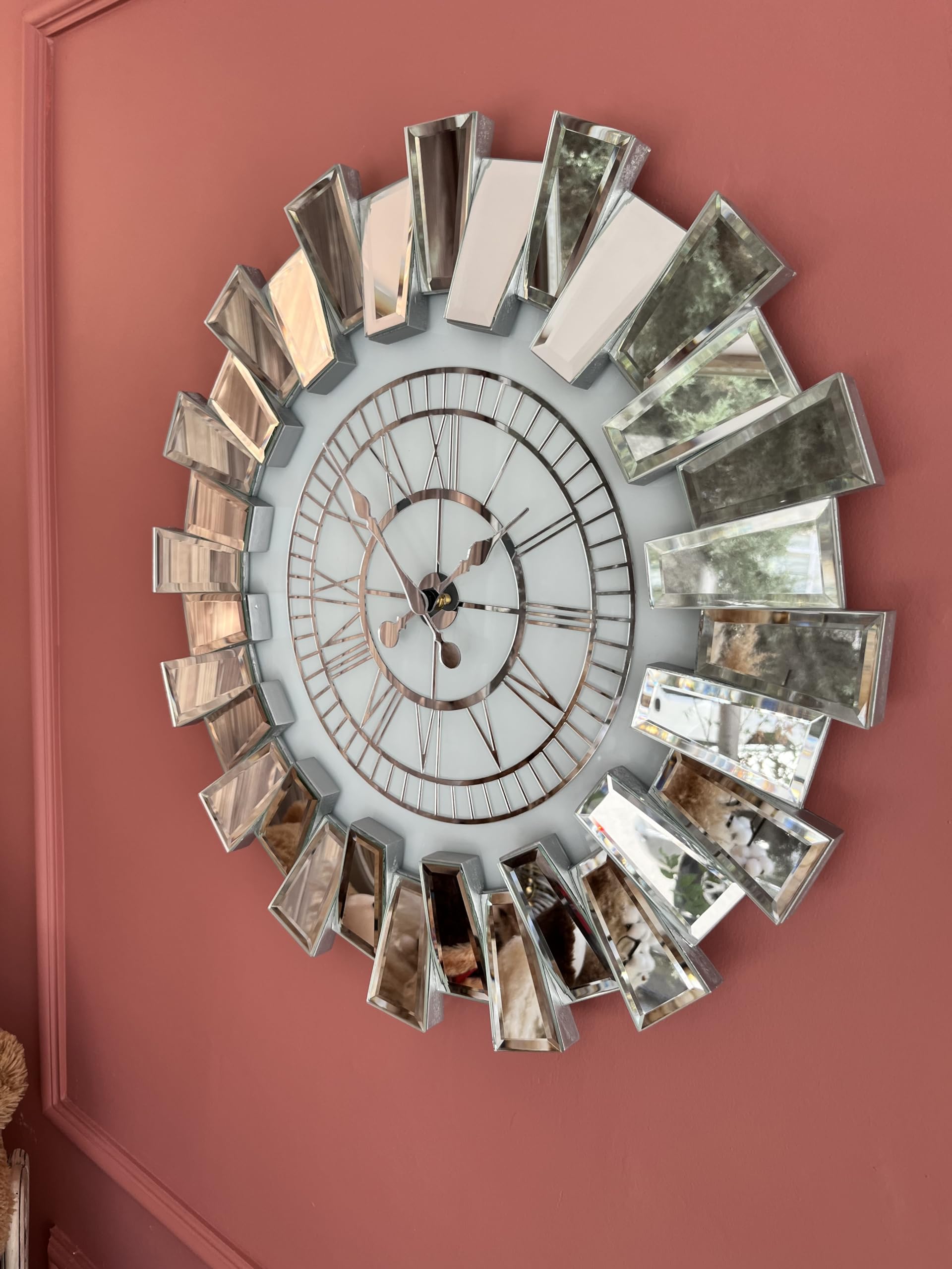 Large Silver Wall Clock for Home Decor - 23.6 Inch Modern Mirrored Silent Non-Ticking Clock - Perfect for Living Room, Bedroom & Kitchen Decor - Elegant Silver-White Finish (13 lbs)