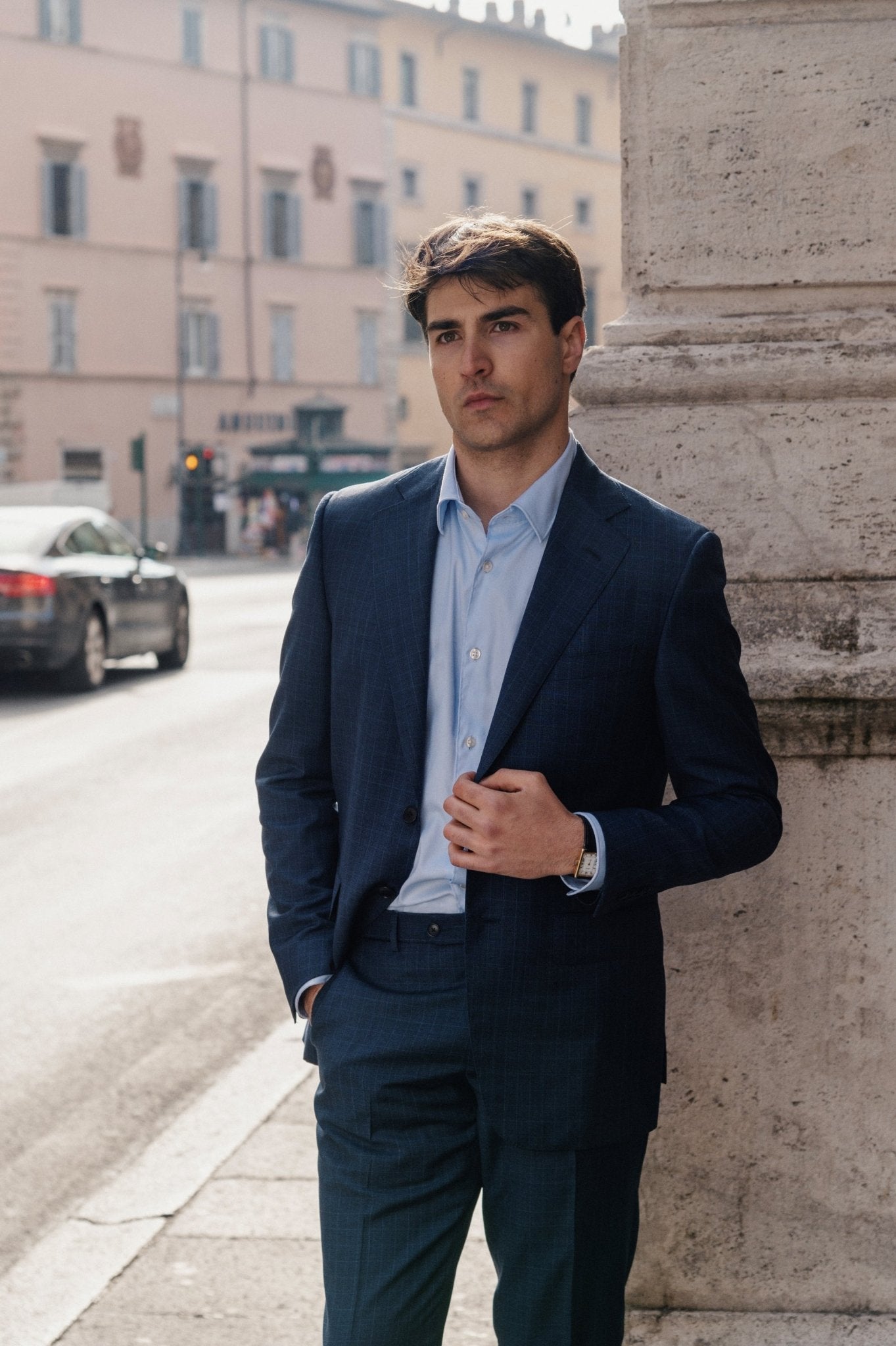 Premium Zegna Traveller™ Check Wool Suit in Navy Blue - Classic Business & Formal Attire for Men | Perfect for Office, Weddings & Special Occasions