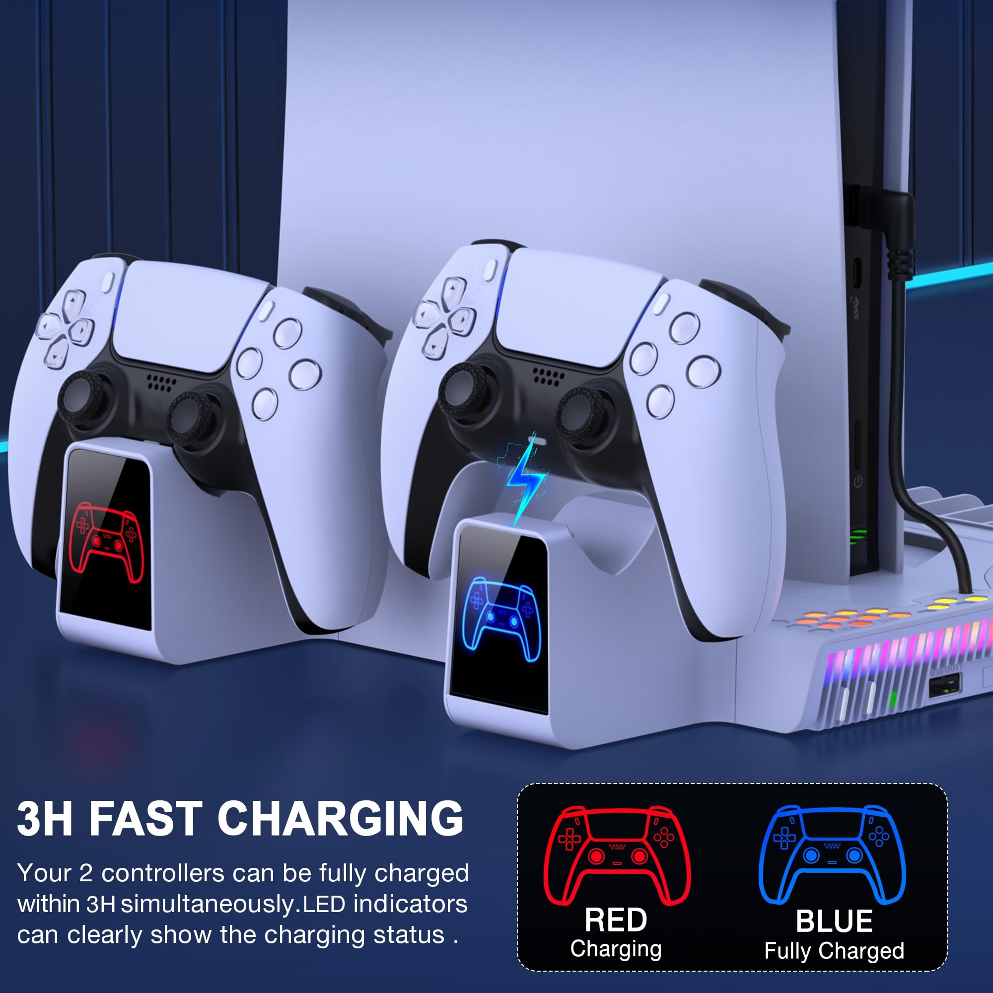 HELLCOOL PS5 Cooling Stand with Dual Controller Charger, 14 Game Slots, RGB Lights & USB Port - Cooling Fan Base for PS5 Disc/Digital Edition & PS5 Slim - Perfect for Gaming Setups & Entertainment Centers