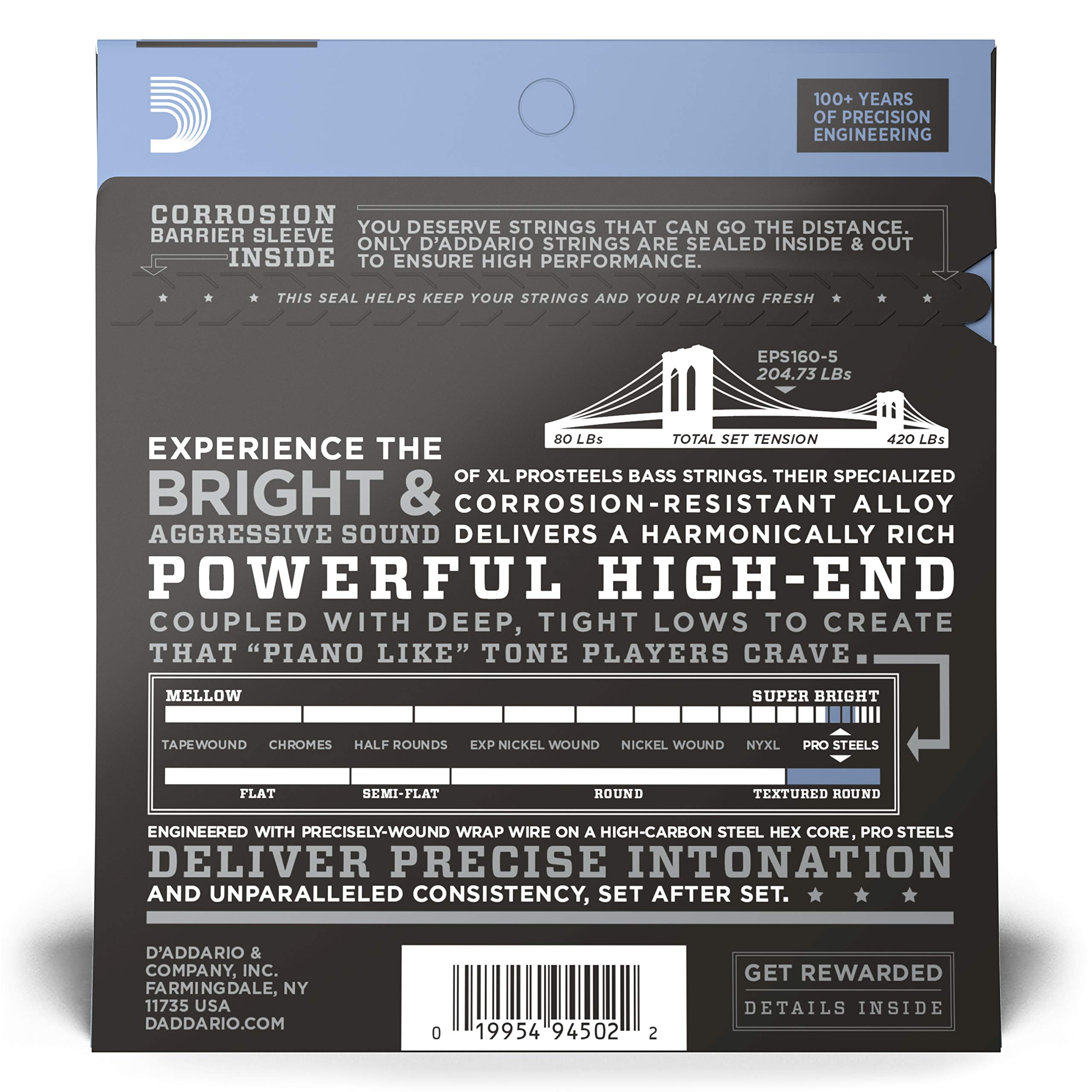 D'Addario XL Pro Steels EPS160-5 Bass Guitar Strings - 5-String Set, Long Scale, Medium Gauge 50-135 - Perfect for Rock, Metal & Studio Recording (Pack of 1)