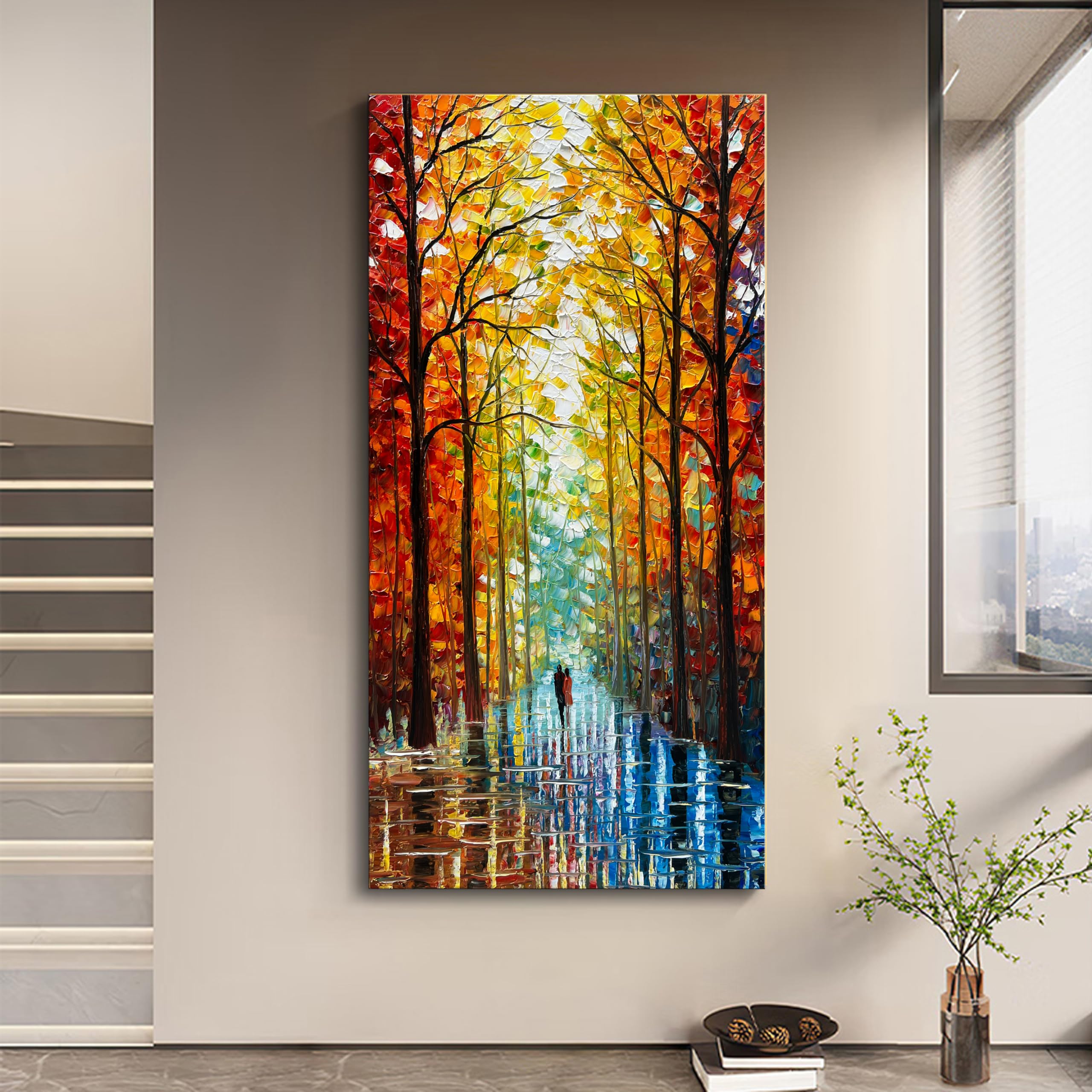 Hand-Painted Romantic Landscape Oil Painting - Large Abstract Vertical Wall Art for Home Decor 48x24 Inch - Perfect for Living Room, Bedroom & Office Wall Decoration
