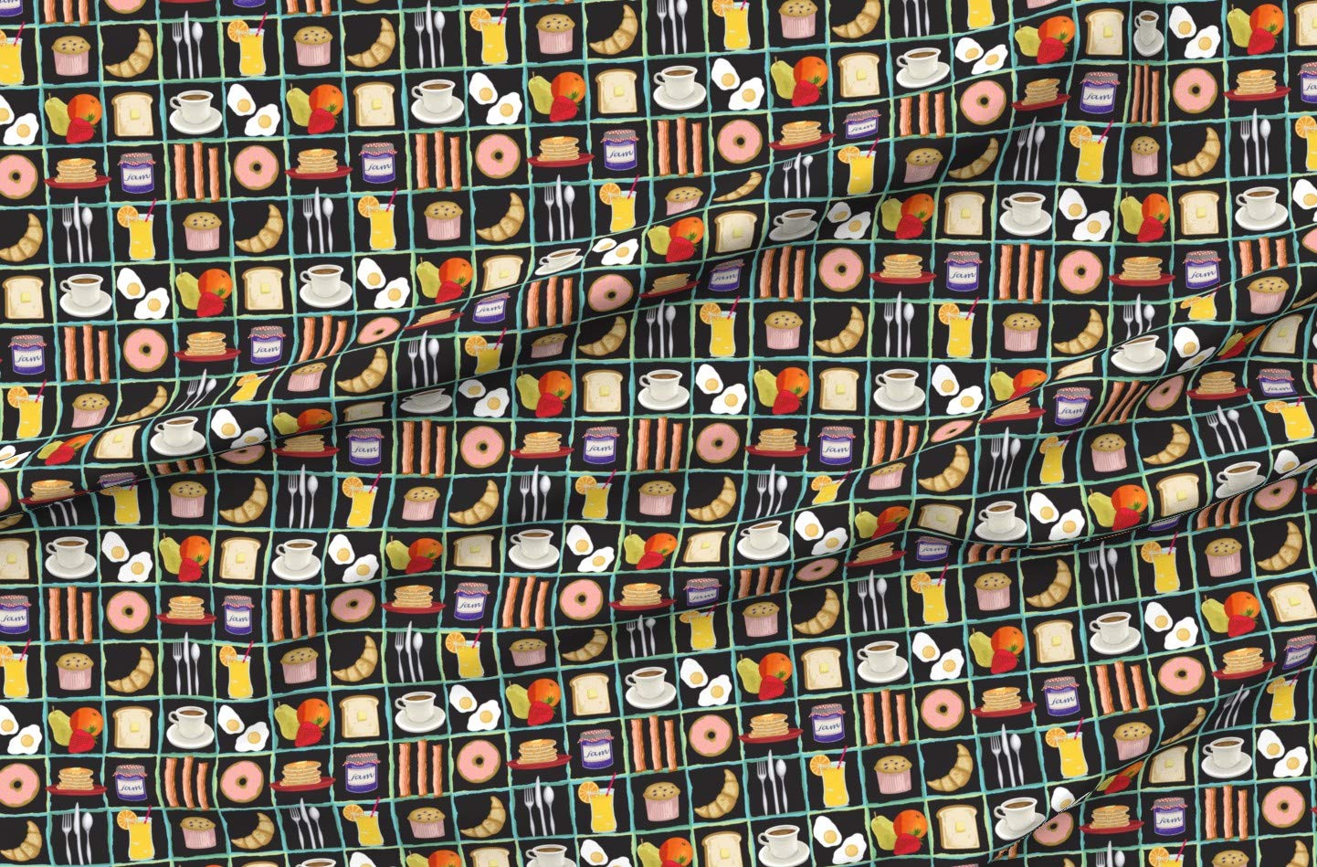 Whimsical Breakfast Pancakes Fruit Coffee Printed Velvet Fabric by The Yard - Upholstery, Home Decor & Apparel Material for Kitchen Curtains, Throw Pillows & DIY Crafts