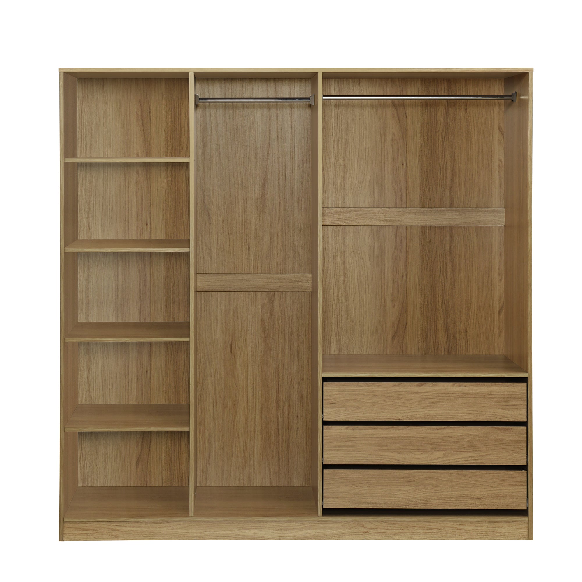 Natural Wooden Doorless Wardrobe with Shelves & 3 Drawers - Bedroom Closet Storage Organizer for Clothes, Shoes & Accessories | Perfect for Small Spaces & Modern Home Decor