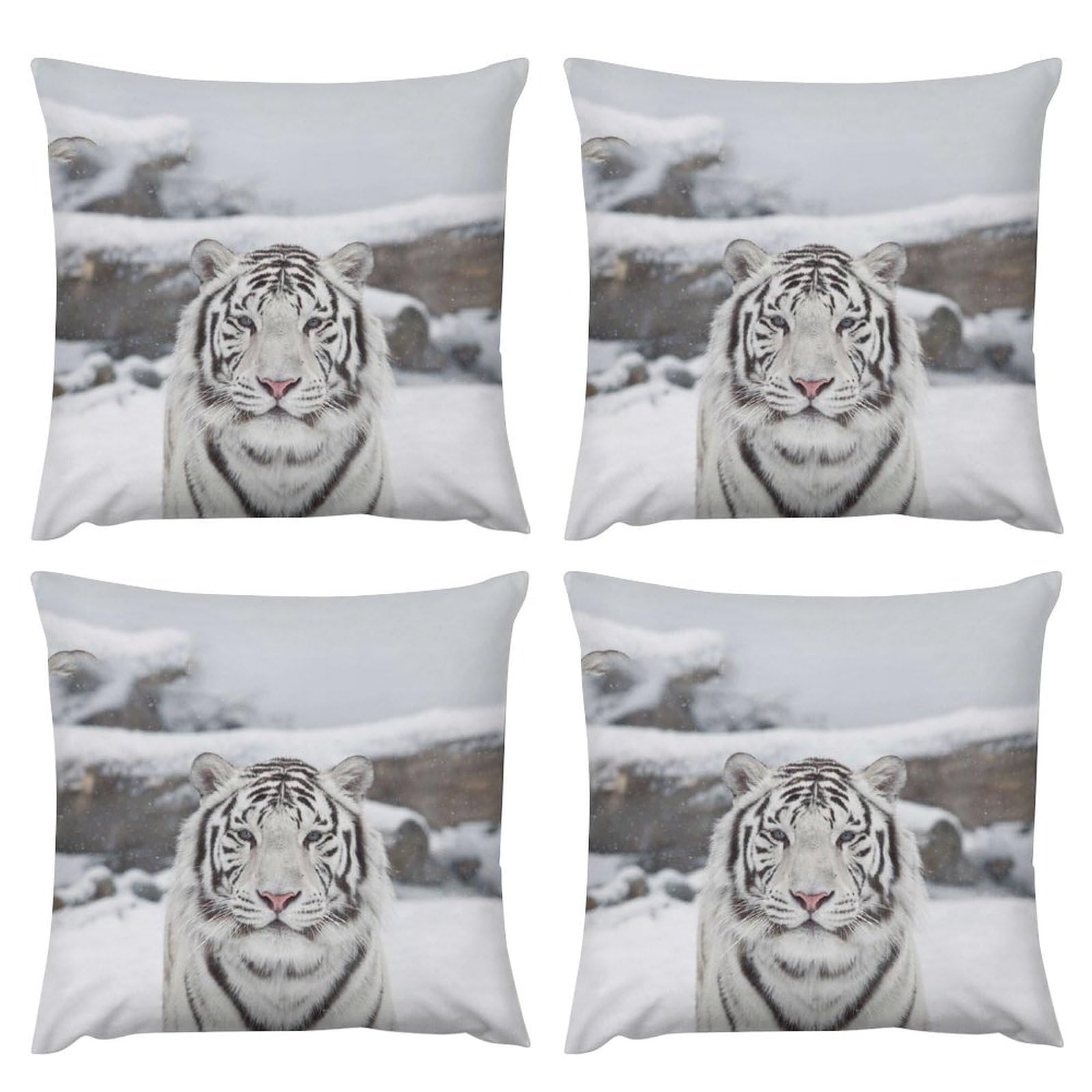 Premium White Tiger Snow Plush Pillow Covers - Ultra Soft 20x20 Inch Square Cushion Cases for Sofa, Bed & Home Decor (Set of 4) - Perfect for Winter Decor, Cozy Living Room & Gift Giving